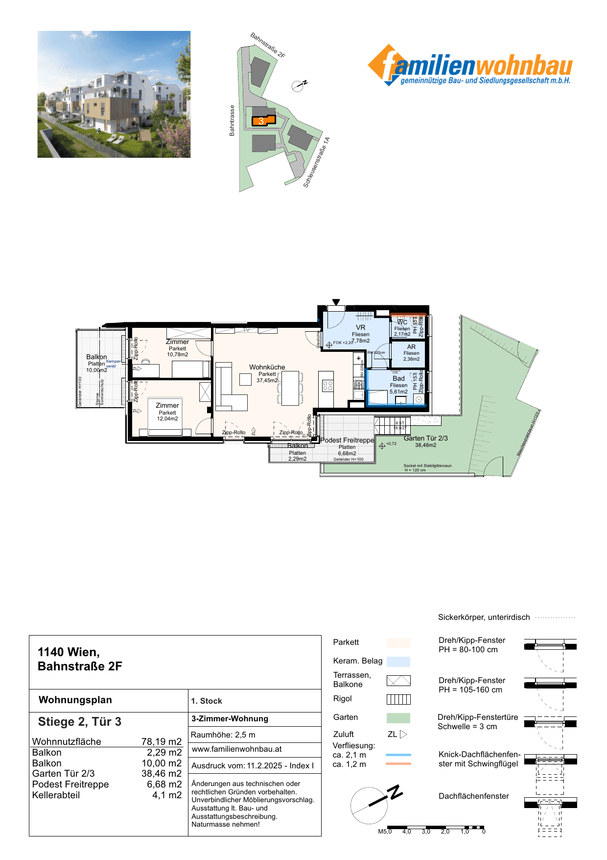 Grundriss Stiege 2 Top 3 — Schleusenstraße 1A / Bahnstraße 2F — 3 Zimmer — 78,2 m² — 1st floor — Grundriss 1/2