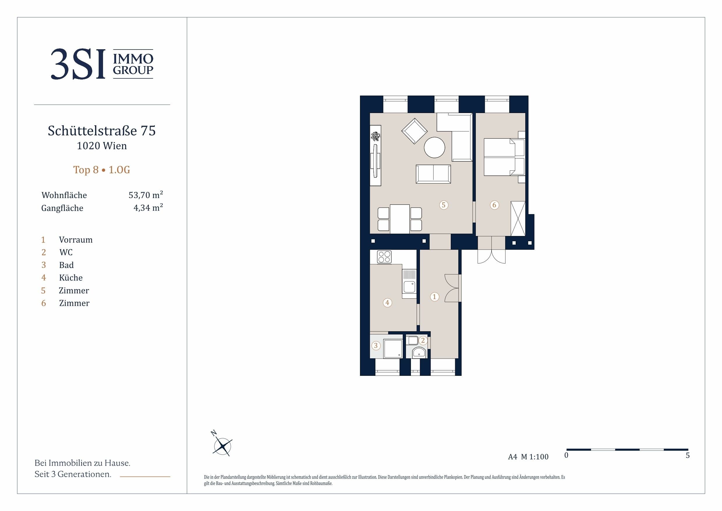 Grundriss Top 8 U — Schüttelstraße 75 — 2 Zimmer — 53,7 m² — 1st floor