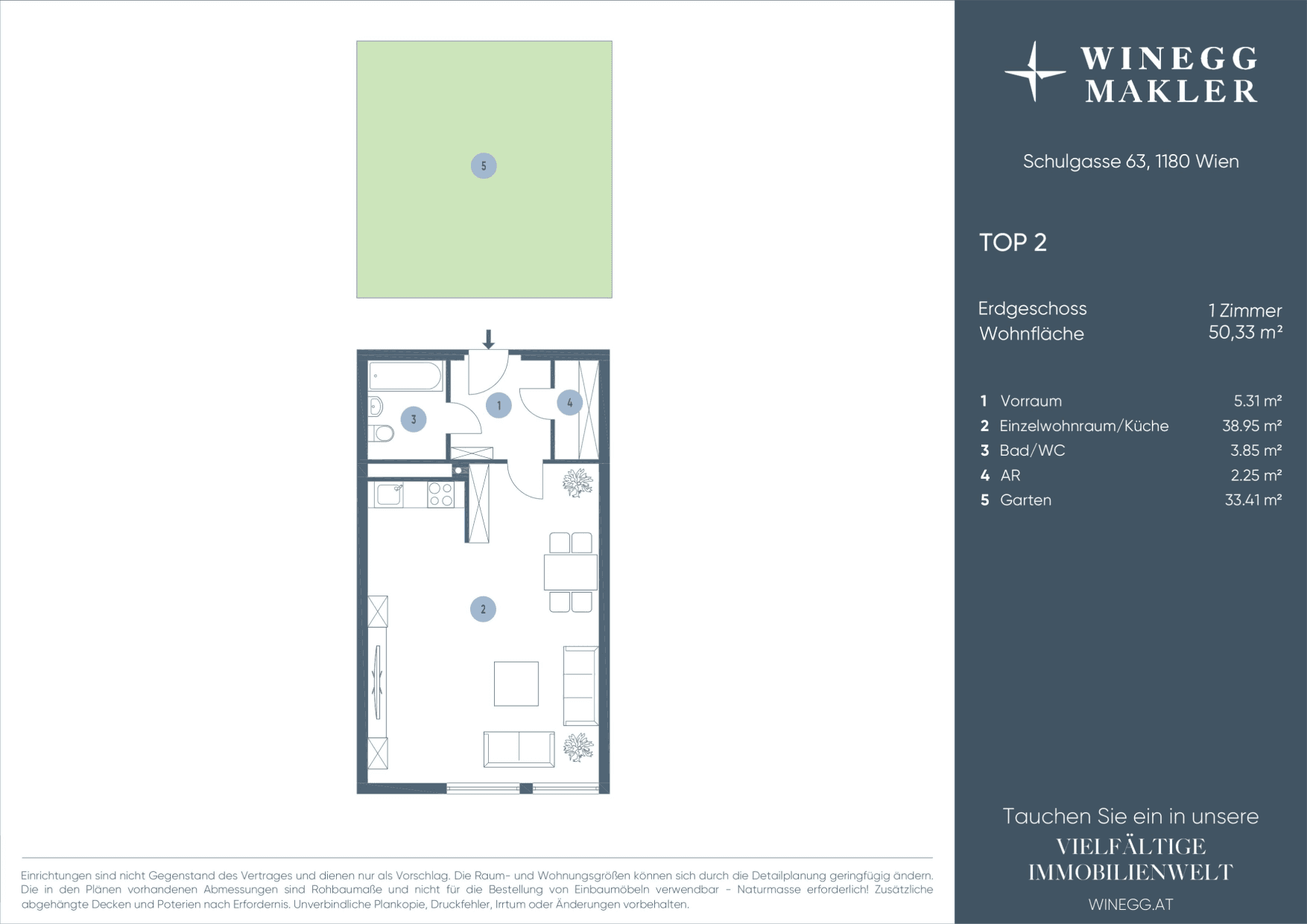 Grundriss Top 2 — Schulgasse 63 — 1 Zimmer — 50,3 m² — Ground floor