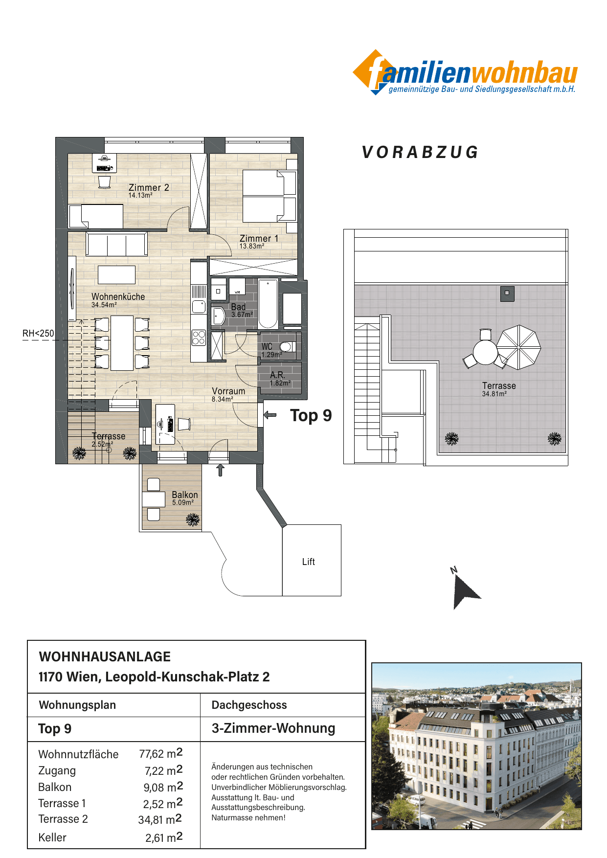Grundriss Top 9 Leopold-Kunschak-Platz 3 — mein Zuhause in Dornbach — 3 Zimmer — 77,6 m² — Attic floor