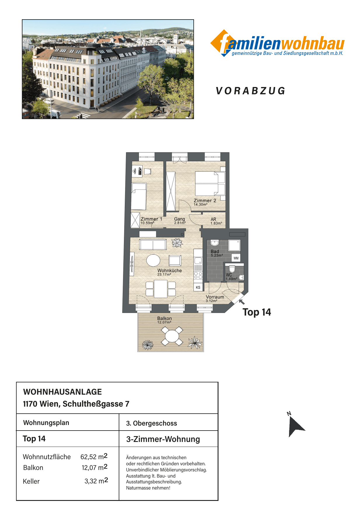 Grundriss Top 14 Schultheßgasse 7 — mein Zuhause in Dornbach — 3 Zimmer — 62,5 m² — 3rd floor