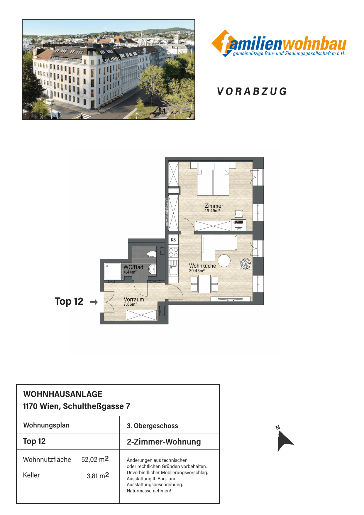 Grundriss Top 12 Schultheßgasse 7 — mein Zuhause in Dornbach — 2 Zimmer — 52 m² — 3rd floor