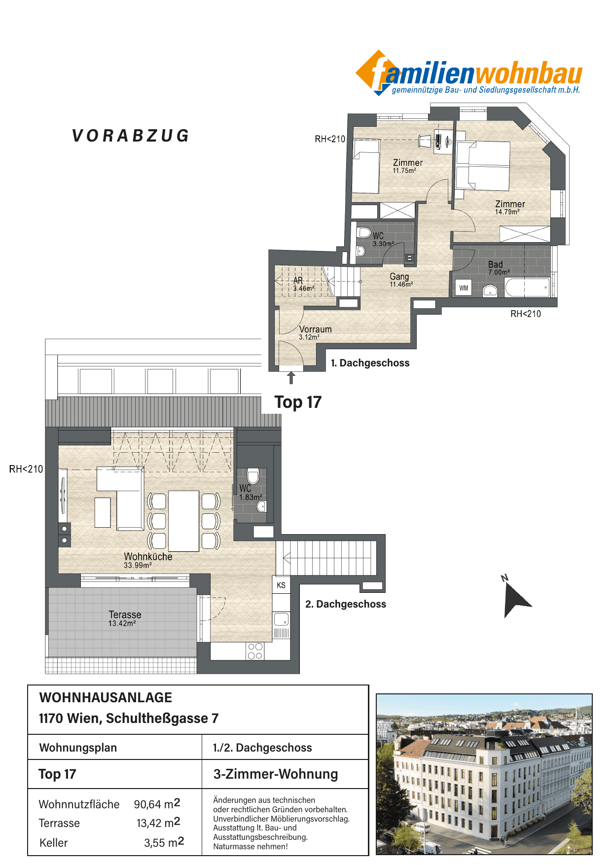 Grundriss Top 17 Schultheßgasse 7 — mein Zuhause in Dornbach — 3 Zimmer — 90,6 m² — Attic floor