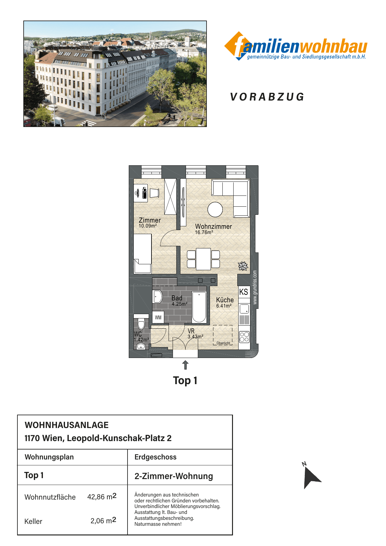 Grundriss Top 1 Leopold-Kunschak-Platz 3 — mein Zuhause in Dornbach — 2 Zimmer — 42,9 m² — Ground floor