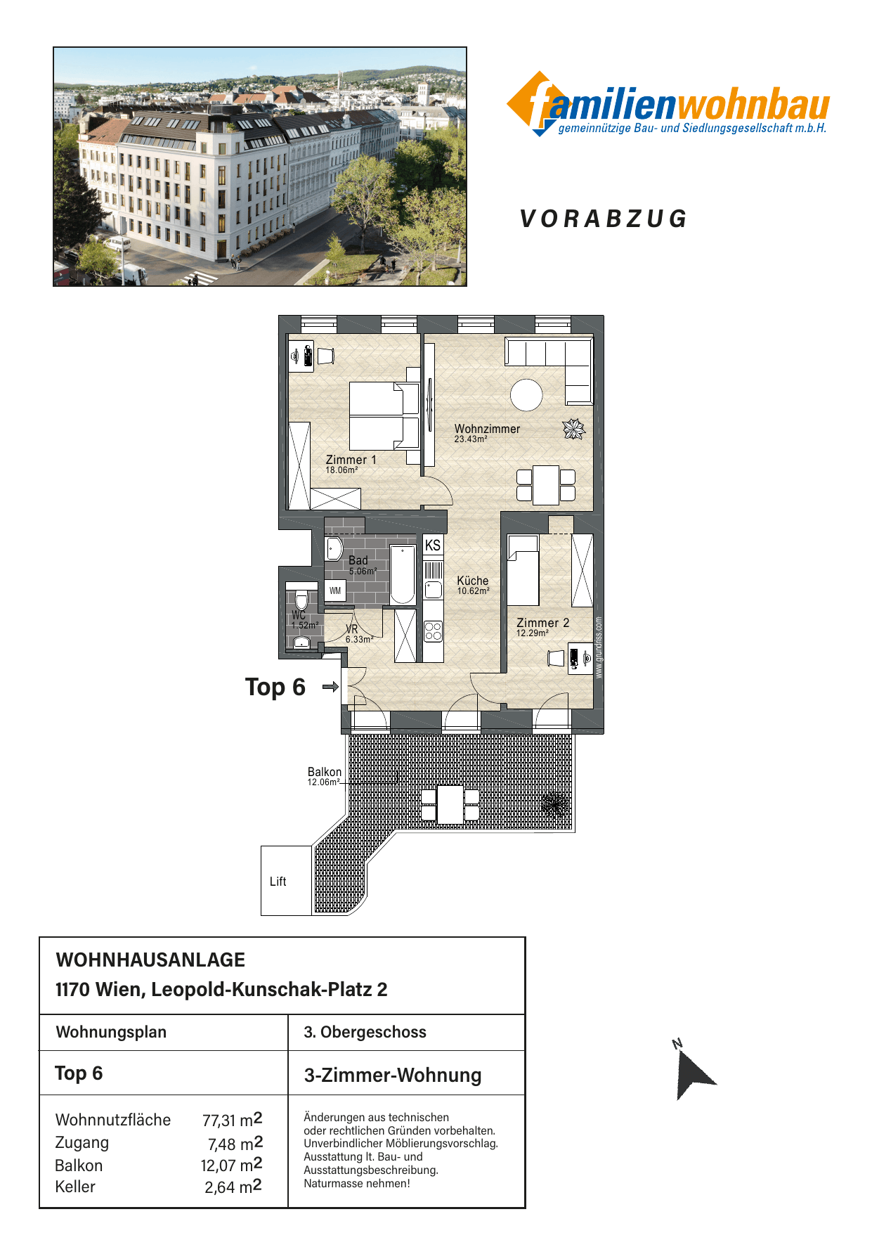 Grundriss Top 6 Leopold-Kunschak-Platz 3 — mein Zuhause in Dornbach — 3 Zimmer — 77,3 m² — 3rd floor