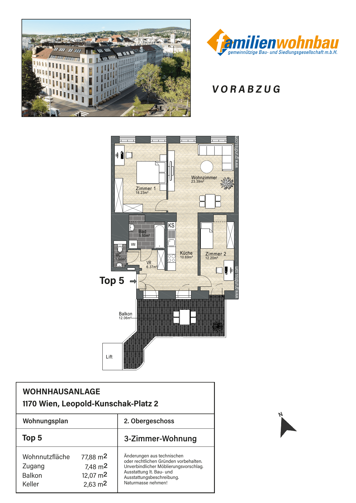 Grundriss Top 5 Leopold-Kunschak-Platz 3 — mein Zuhause in Dornbach — 3 Zimmer — 77,9 m² — 2nd floor