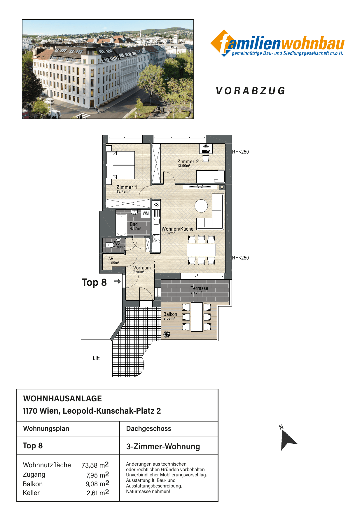 Grundriss Top 8 Leopold-Kunschak-Platz 3 — mein Zuhause in Dornbach — 3 Zimmer — 73,6 m² — Attic floor