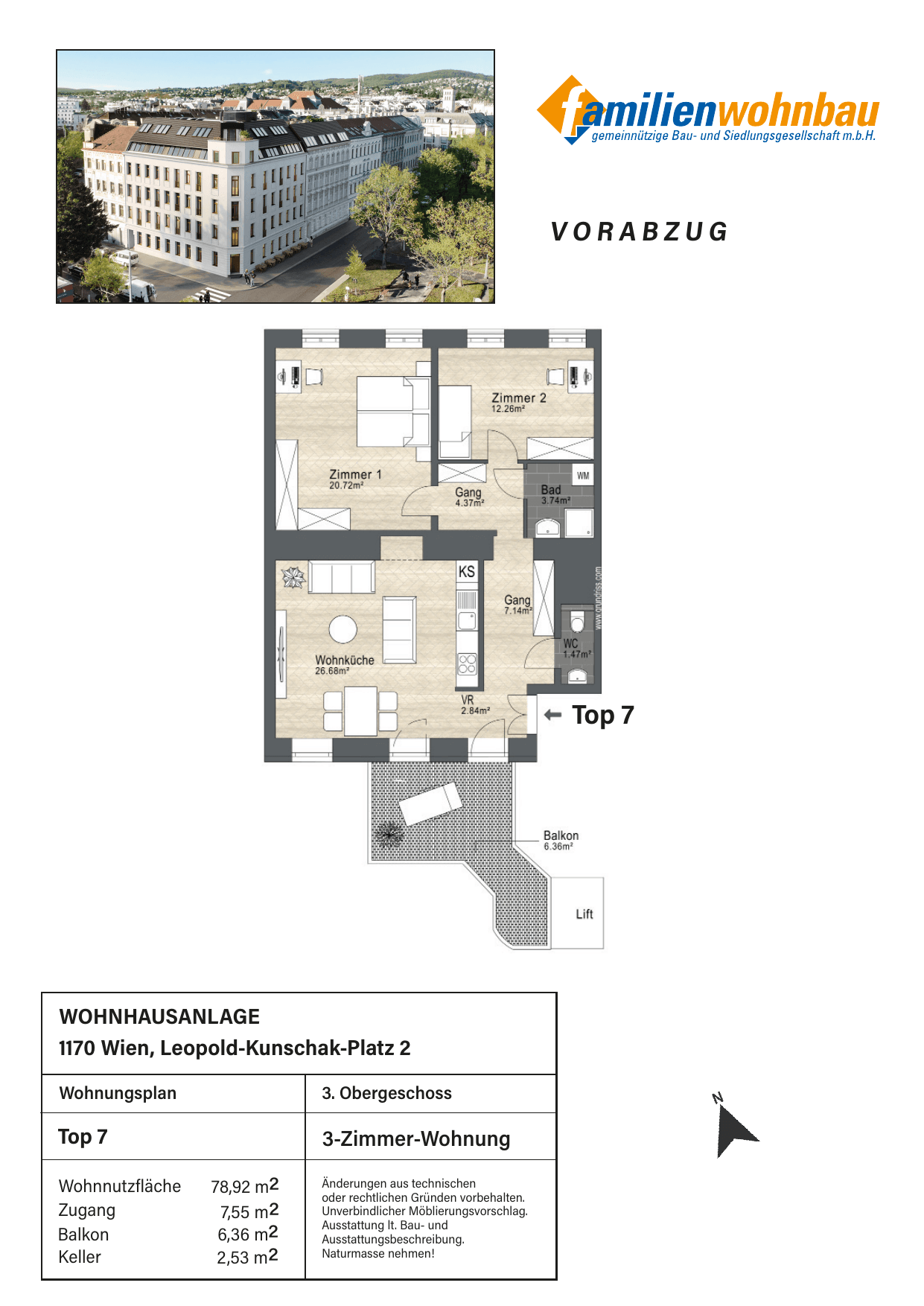 Grundriss Top 7 Leopold-Kunschak-Platz 3 — mein Zuhause in Dornbach — 3 Zimmer — 78,9 m² — 3rd floor