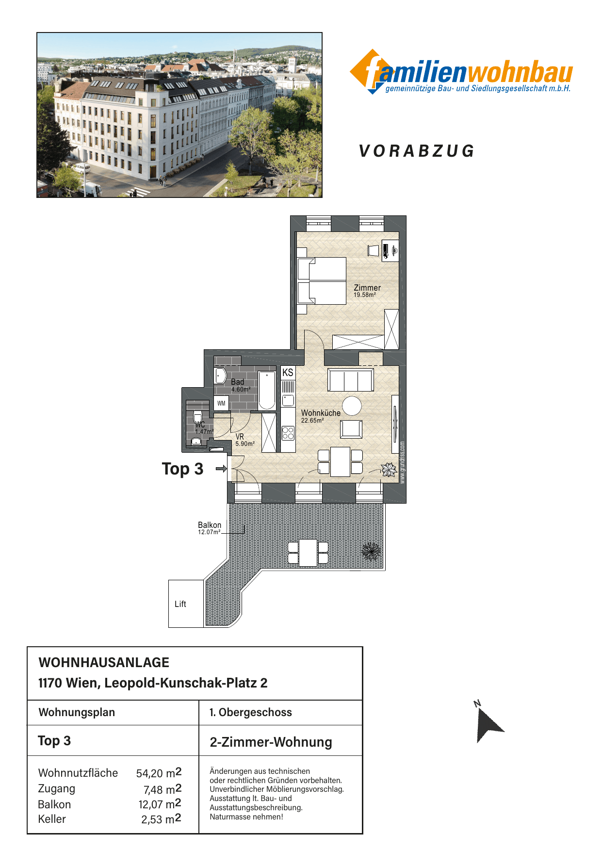 Grundriss Top 3 Leopold-Kunschak-Platz 3 — mein Zuhause in Dornbach — 2 Zimmer — 54,2 m² — 1st floor