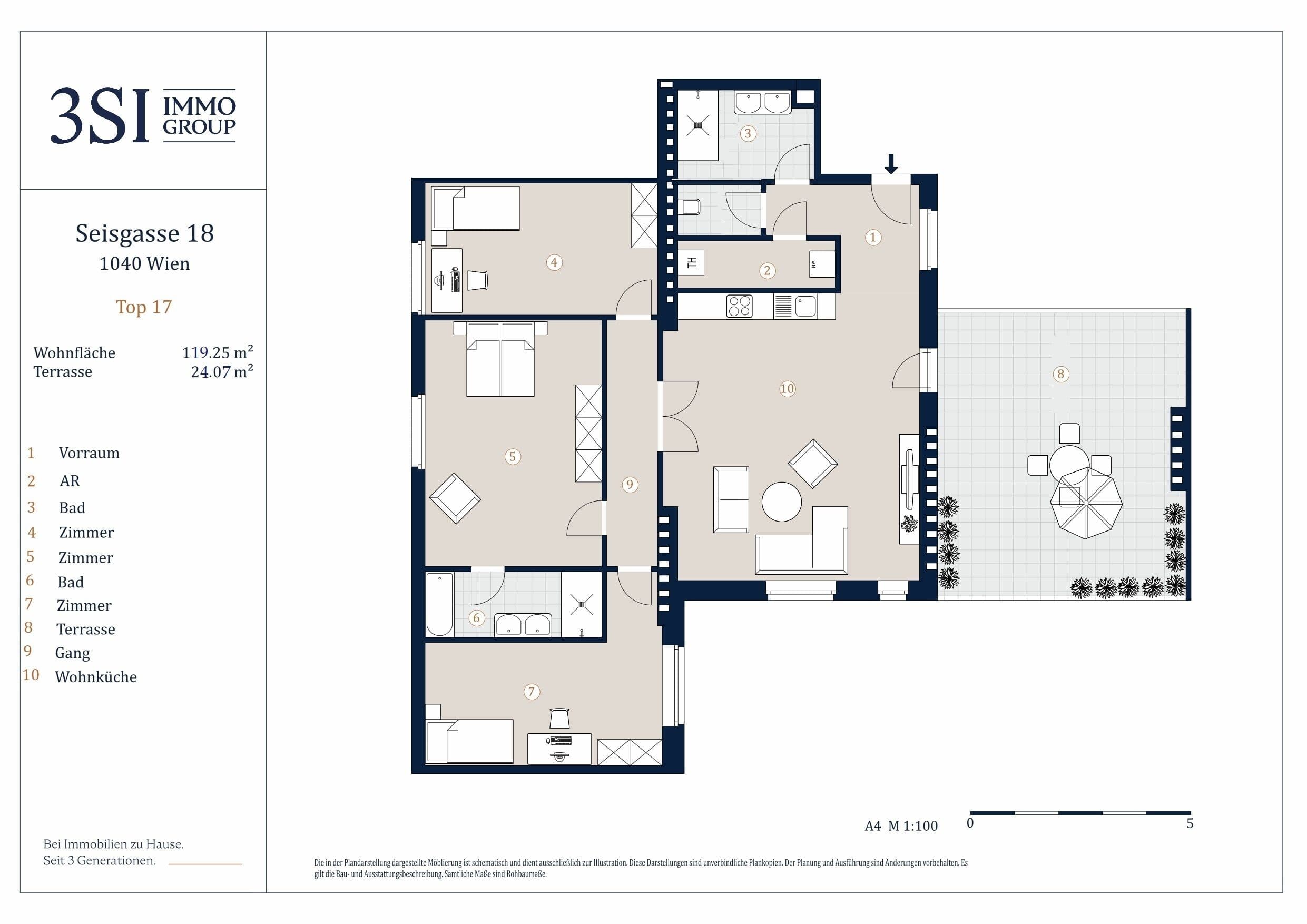 Grundriss Top 17 — Seisgasse 18 — 4 Zimmer — 119,3 m² — 1st attic floor — Nordwest, Park, Terrasse 24,07 m²