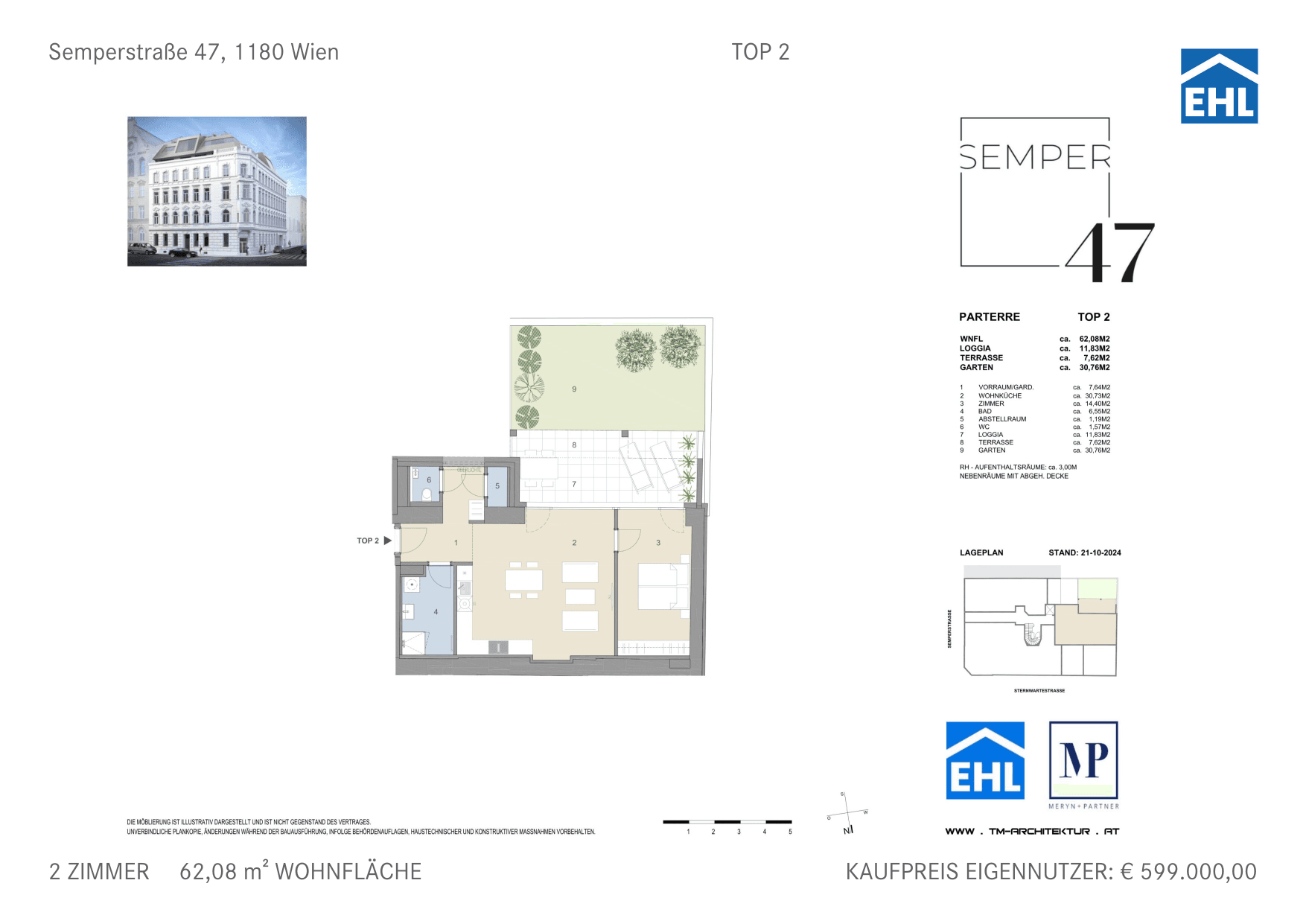 Grundriss Top 2 — Semper 47 — 2 Zimmer — 62,1 m² — Ground floor — Süd