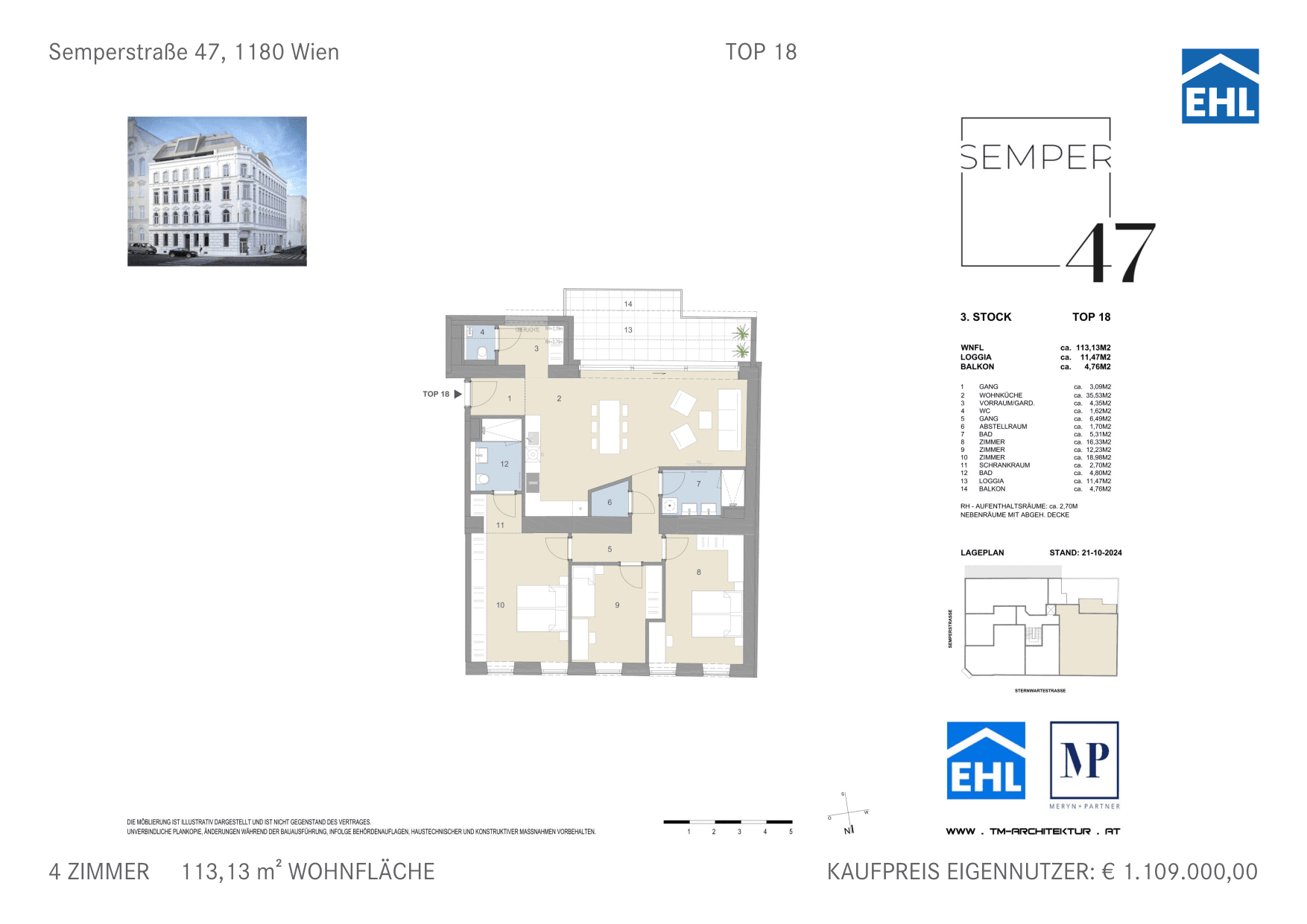 Grundriss Top 18 — Semper 47 — 4 Zimmer — 119,5 m² — 3rd floor — Nord, Süd