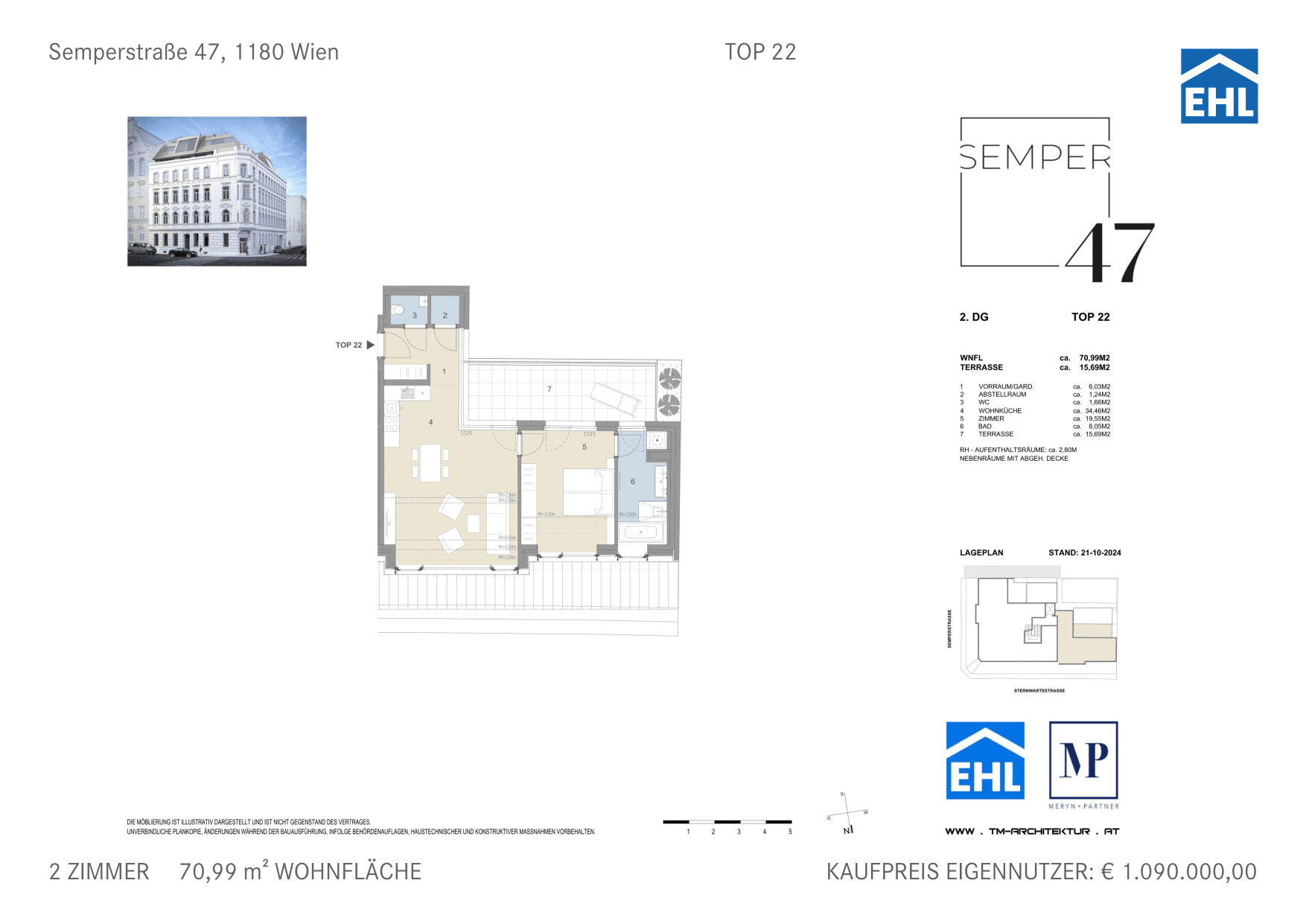 Grundriss Top 22 — Semper 47 — 2 Zimmer — 71 m² — 2nd attic floor — Nord, Süd — Grundriss 1/2