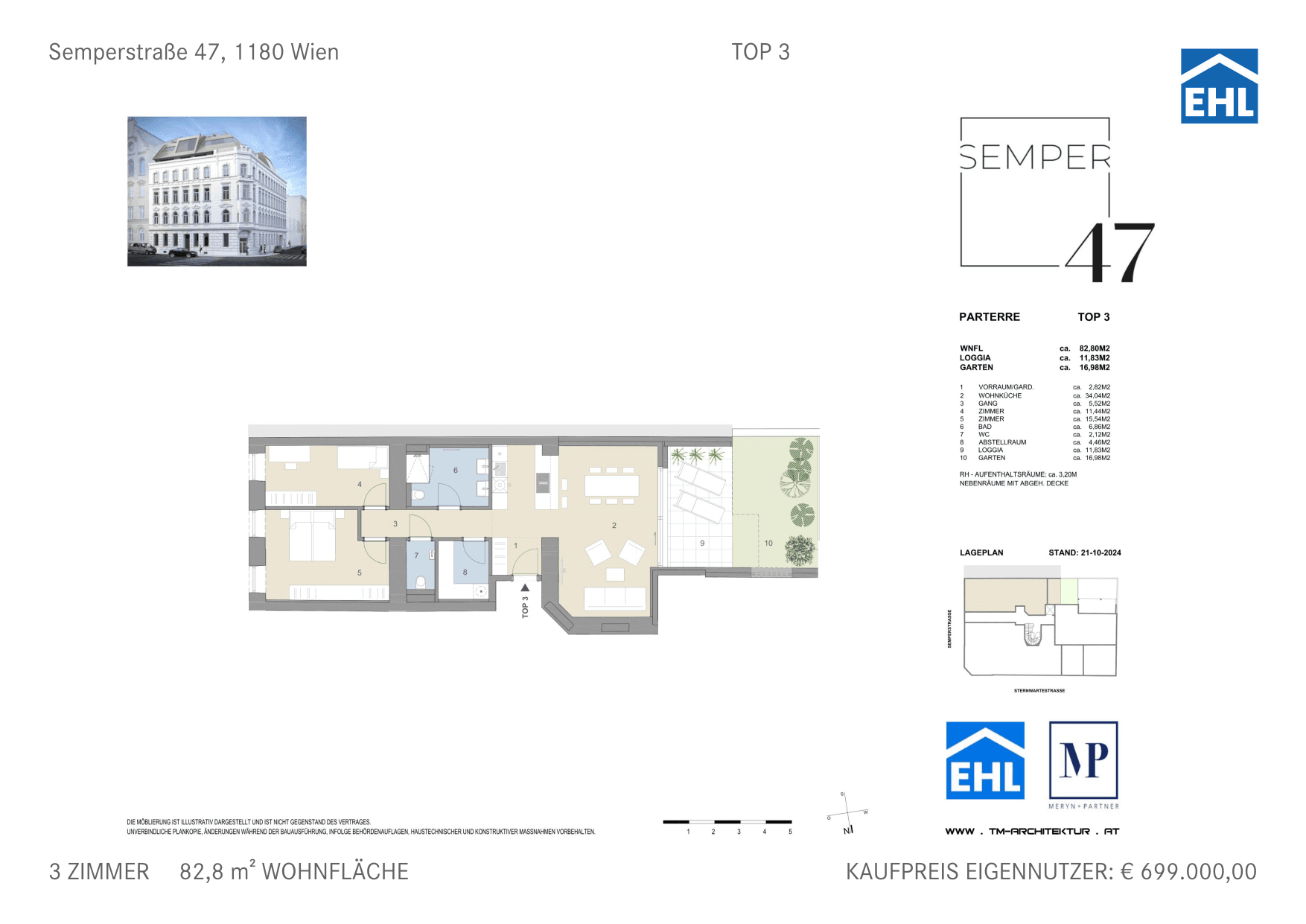 Grundriss Top 3 — Semper 47 — 3 Zimmer — 82,8 m² — Ground floor — Ost, West