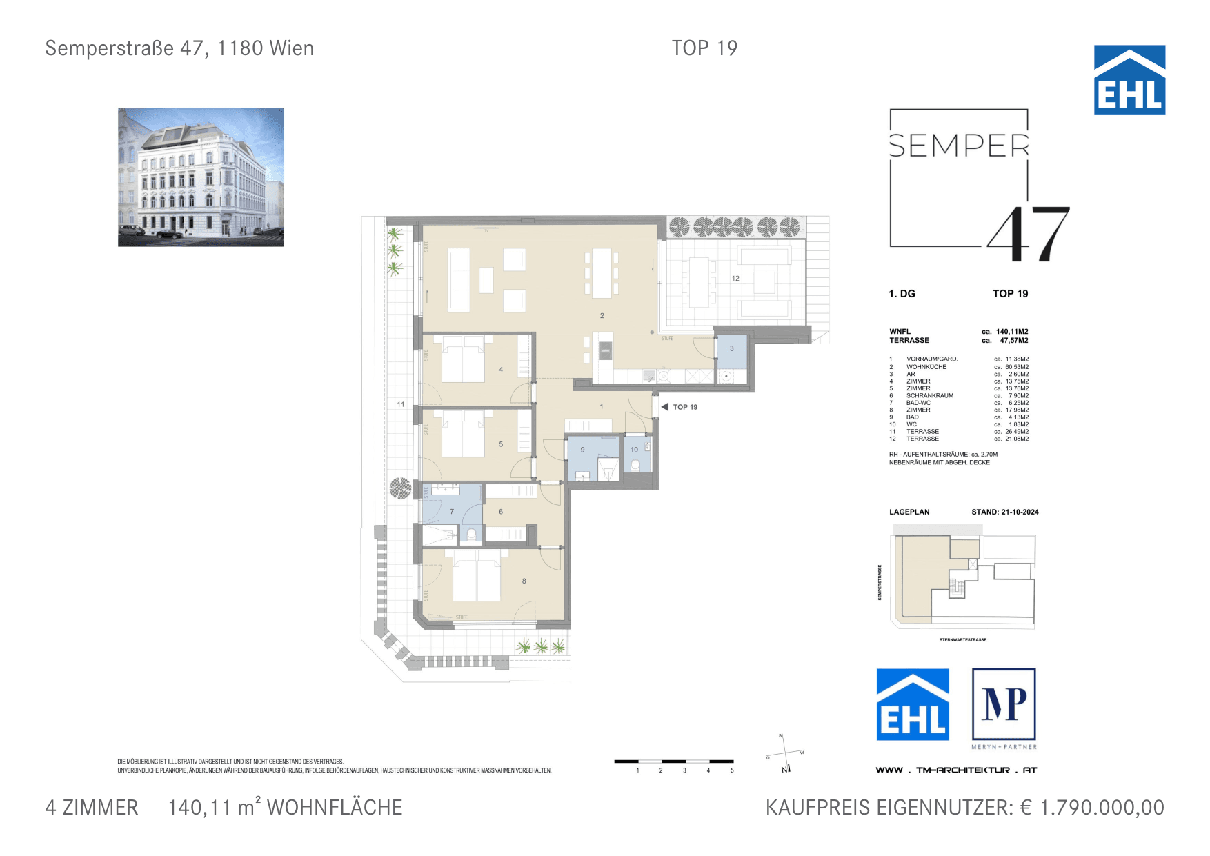 Grundriss Top 19 — Semper 47 — 4 Zimmer — 140,1 m² — 1st attic floor — Nord, Ost, Süd — Grundriss 1/2