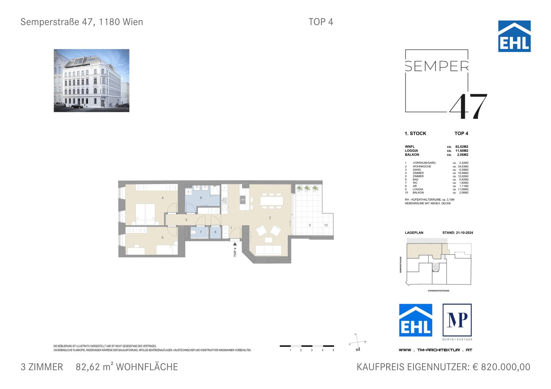 Grundriss Top 4 — Semper 47 — 3 Zimmer — 82,6 m² — 1st floor — Ost, West