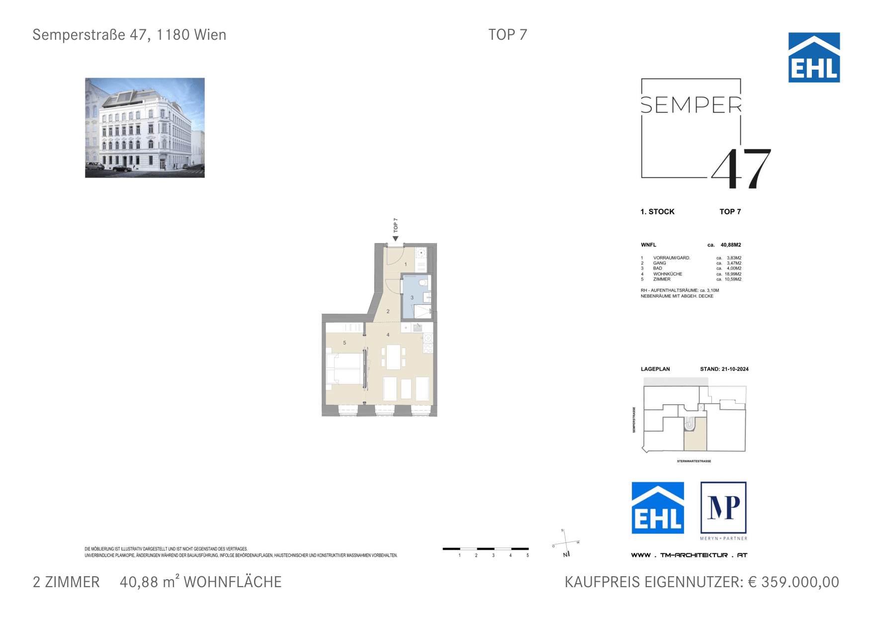 Grundriss Top 7 — Semper 47 — 2 Zimmer — 40,9 m² — 1st floor — Nord