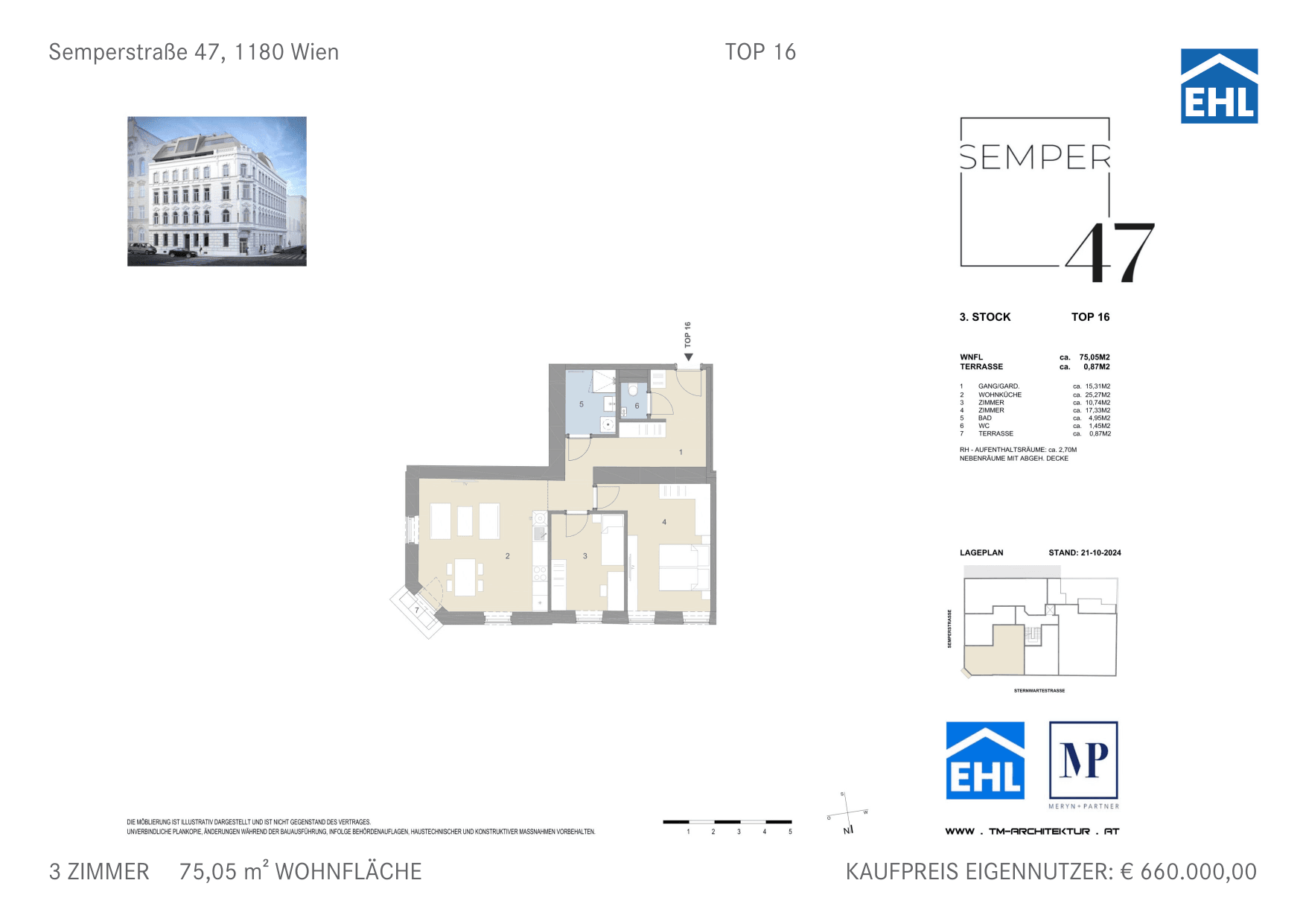 Grundriss Top 16 — Semper 47 — 3 Zimmer — 78,5 m² — 3rd floor — Nord, Ost