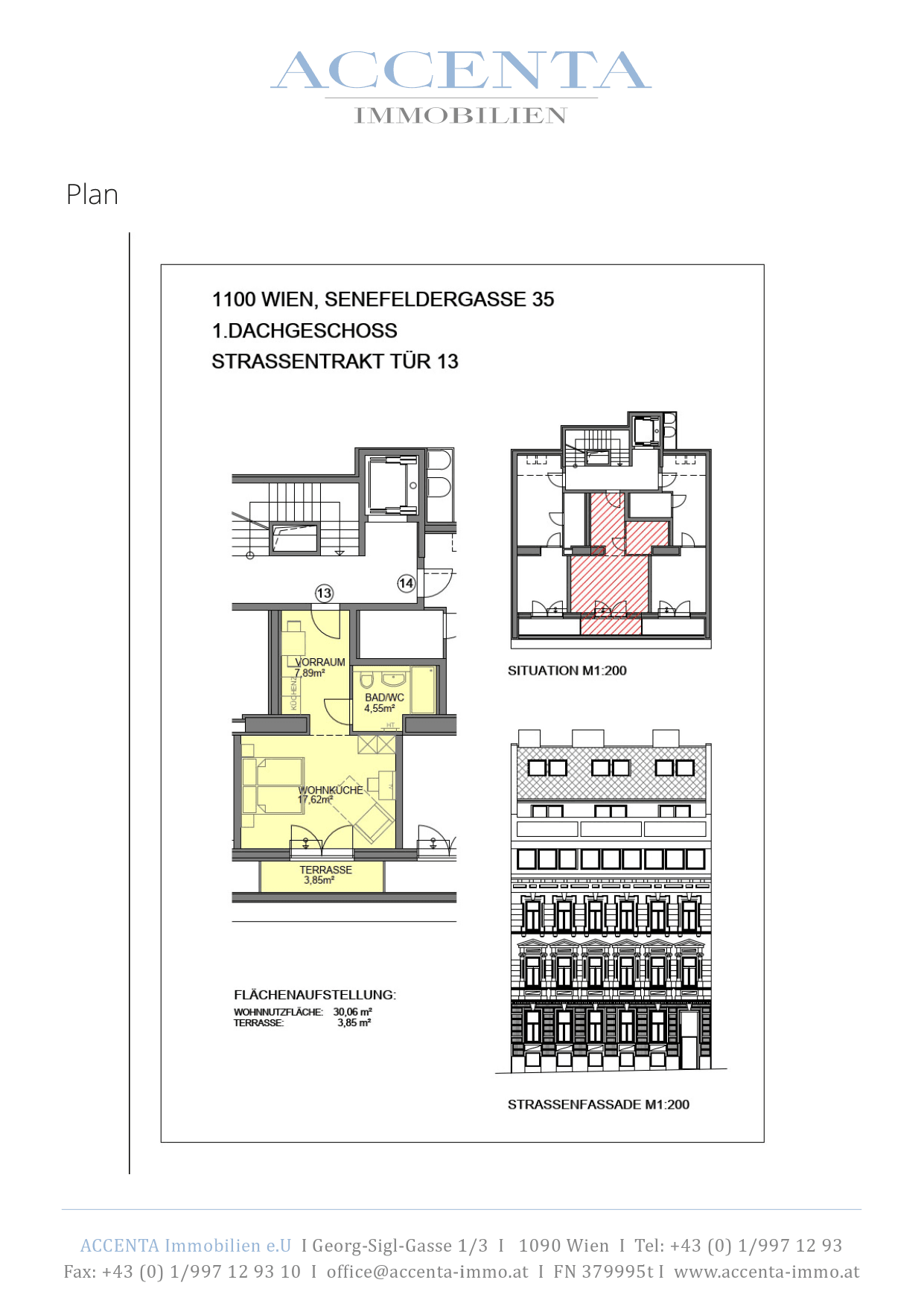 Grundriss Top 13 — Senefeldergasse 35 — 1 Zimmer — 30,1 m² — 1st attic floor