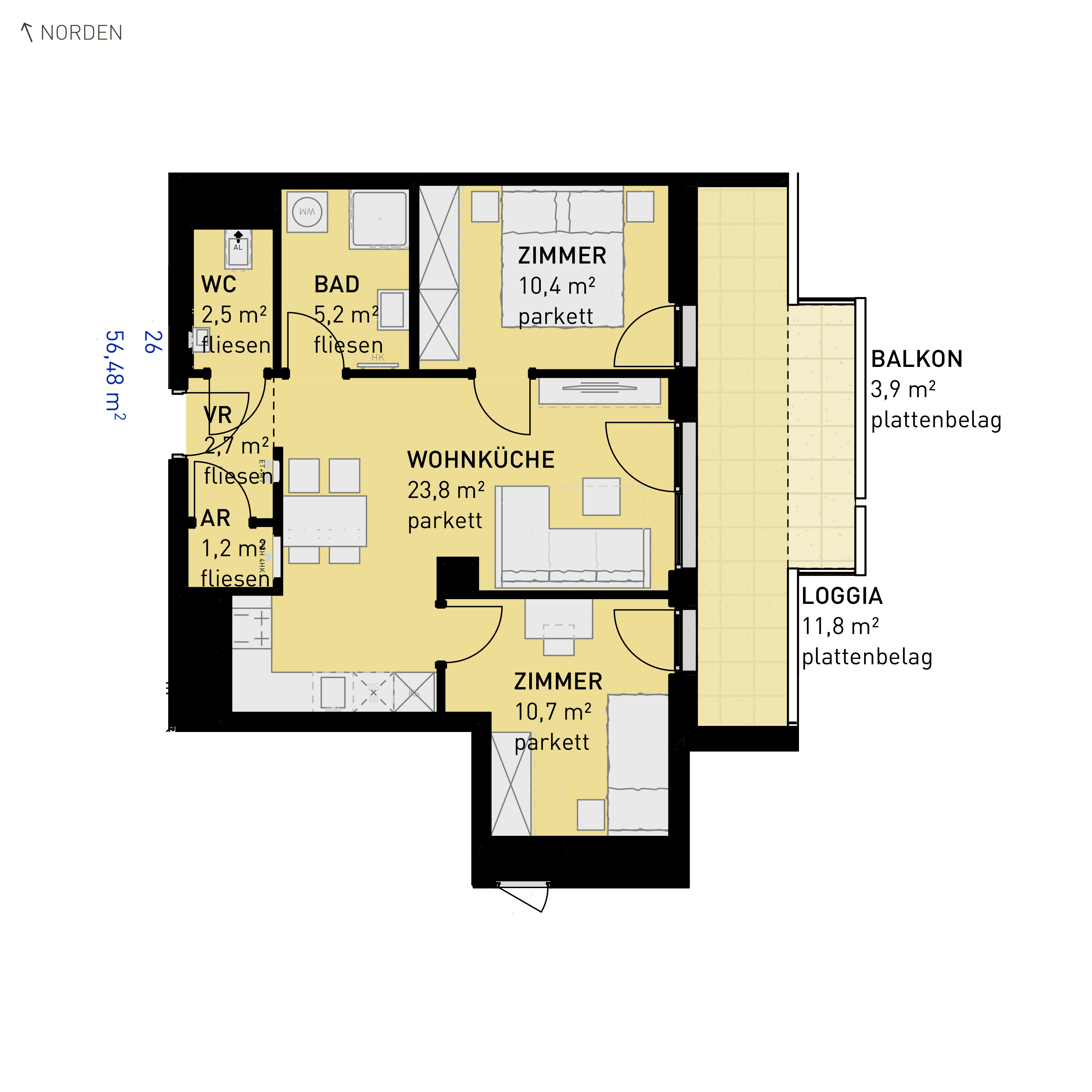 Grundriss Top 26 — Simmeringer Wohn(t)raum — 3 Zimmer — 56,5 m² — 1st floor — O/S