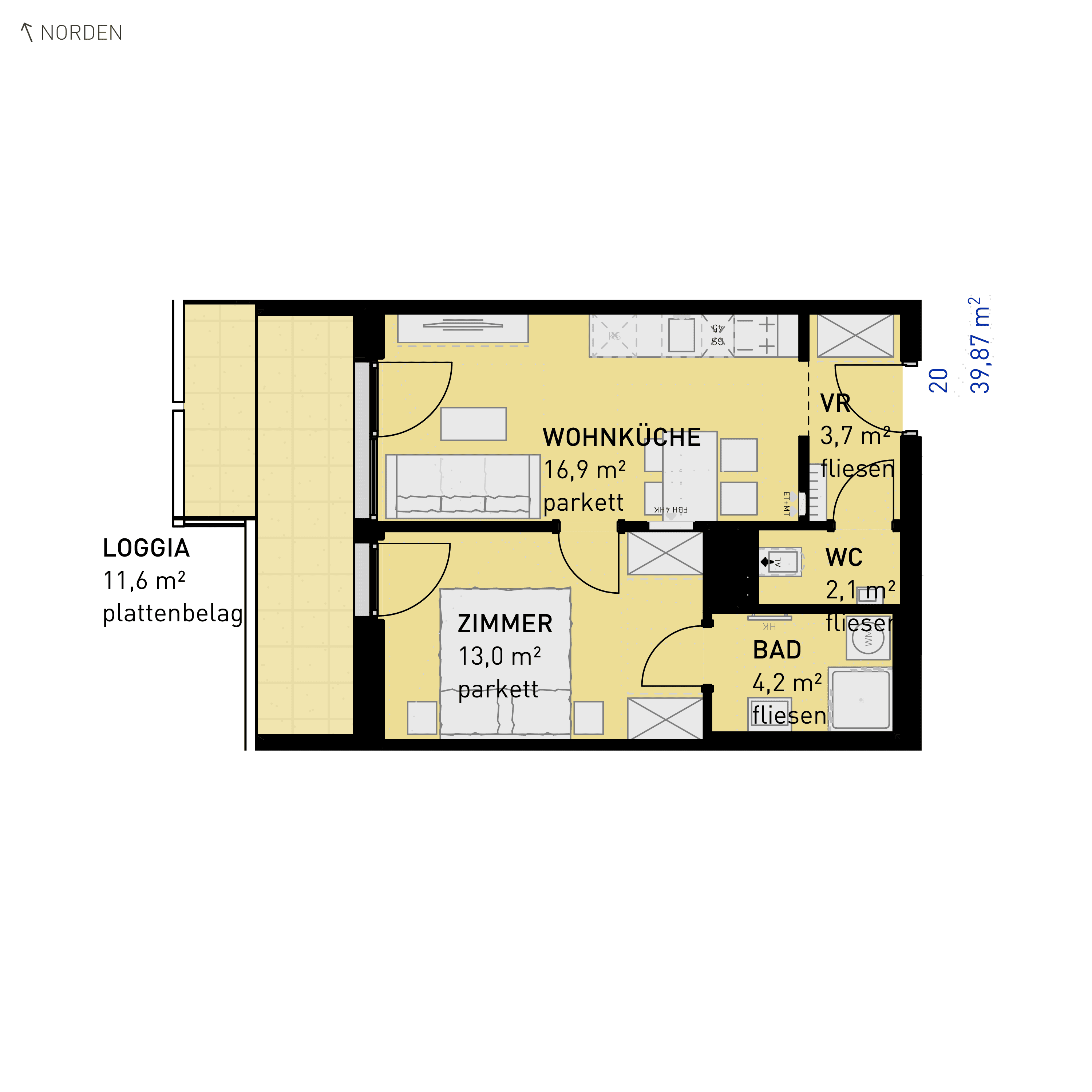 Grundriss Top 20 — Simmeringer Wohn(t)raum — 2 Zimmer — 39,9 m² — 1st floor — N/W