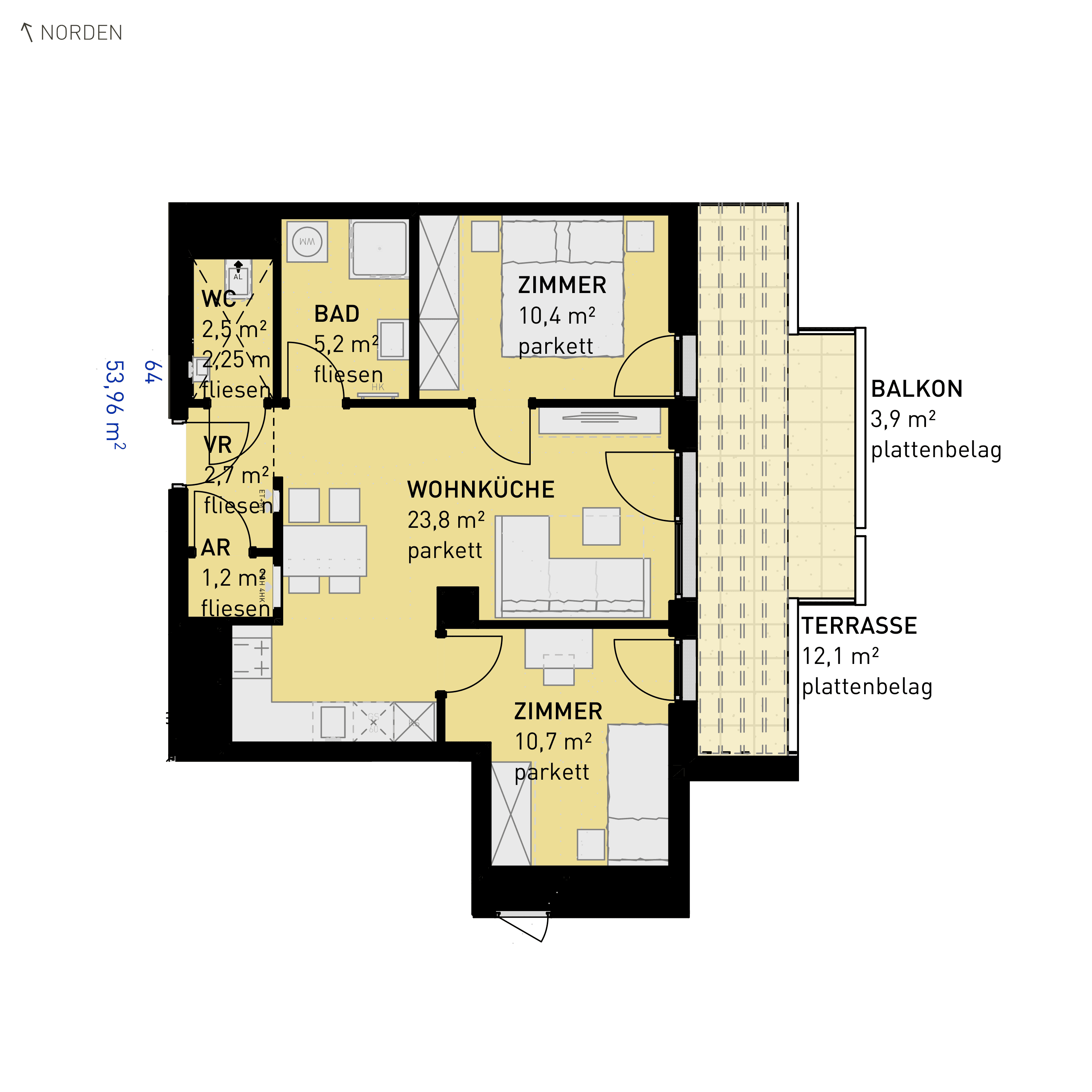 Grundriss Top 64 — Simmeringer Wohn(t)raum — 3 Zimmer — 54 m² — 3rd floor — O/S