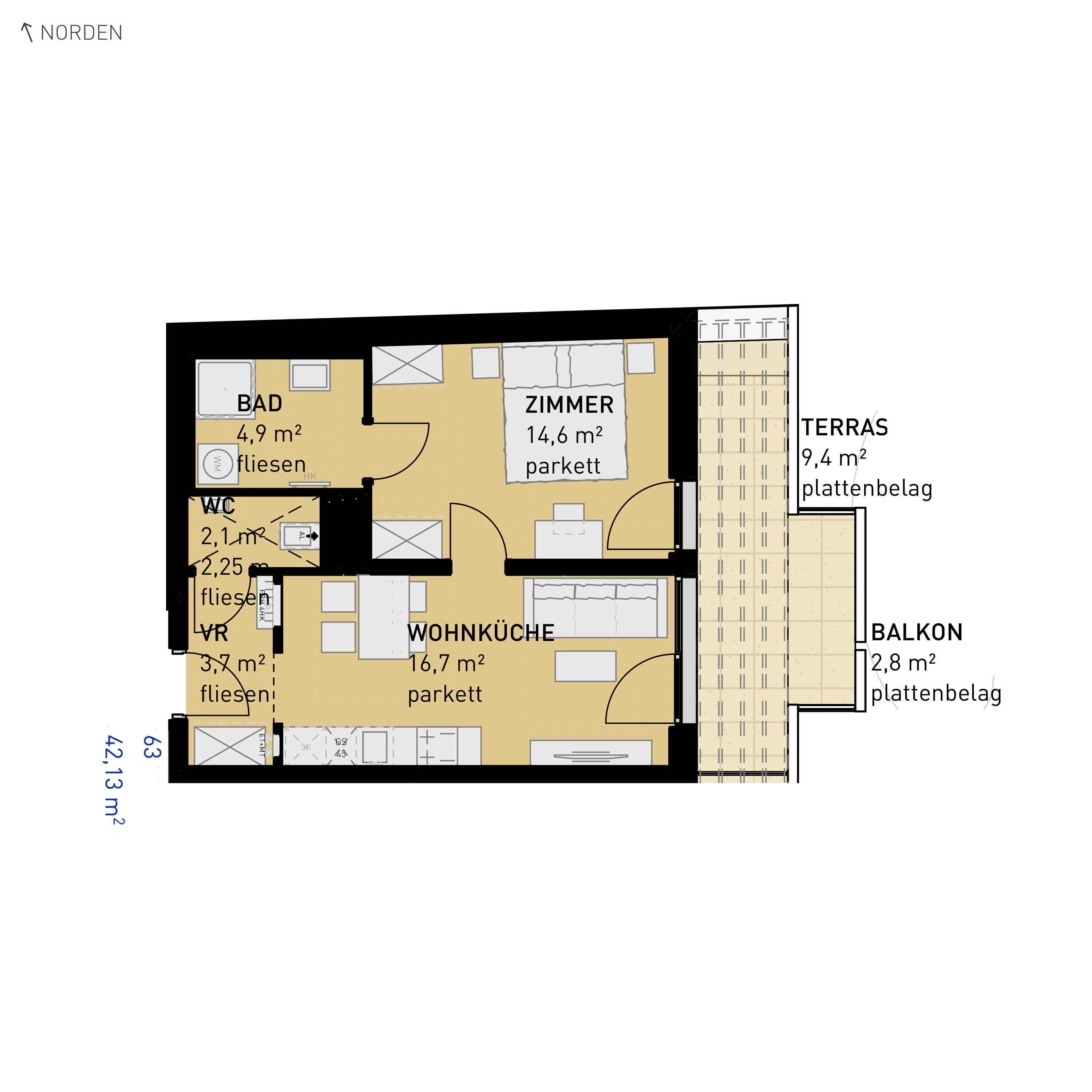 Grundriss Top 63 — Simmeringer Wohn(t)raum — 2 Zimmer — 42,1 m² — 3rd floor — O/S
