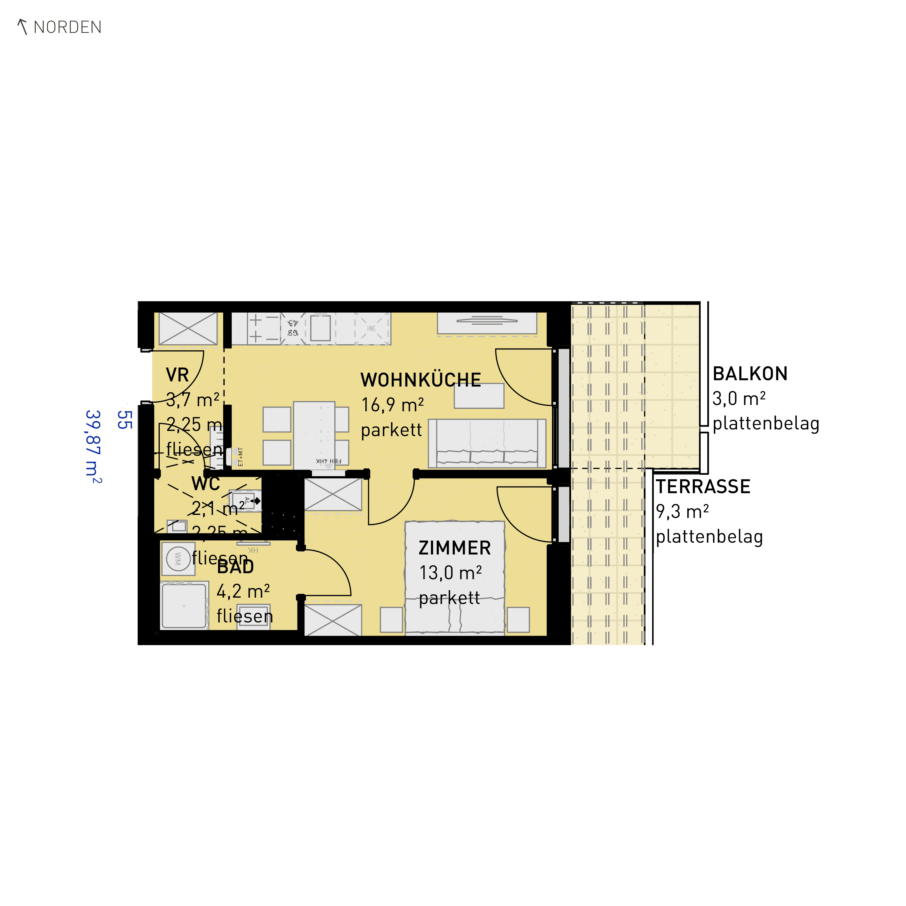 Grundriss Top 55 — Simmeringer Wohn(t)raum — 2 Zimmer — 39,9 m² — 3rd floor — O/S