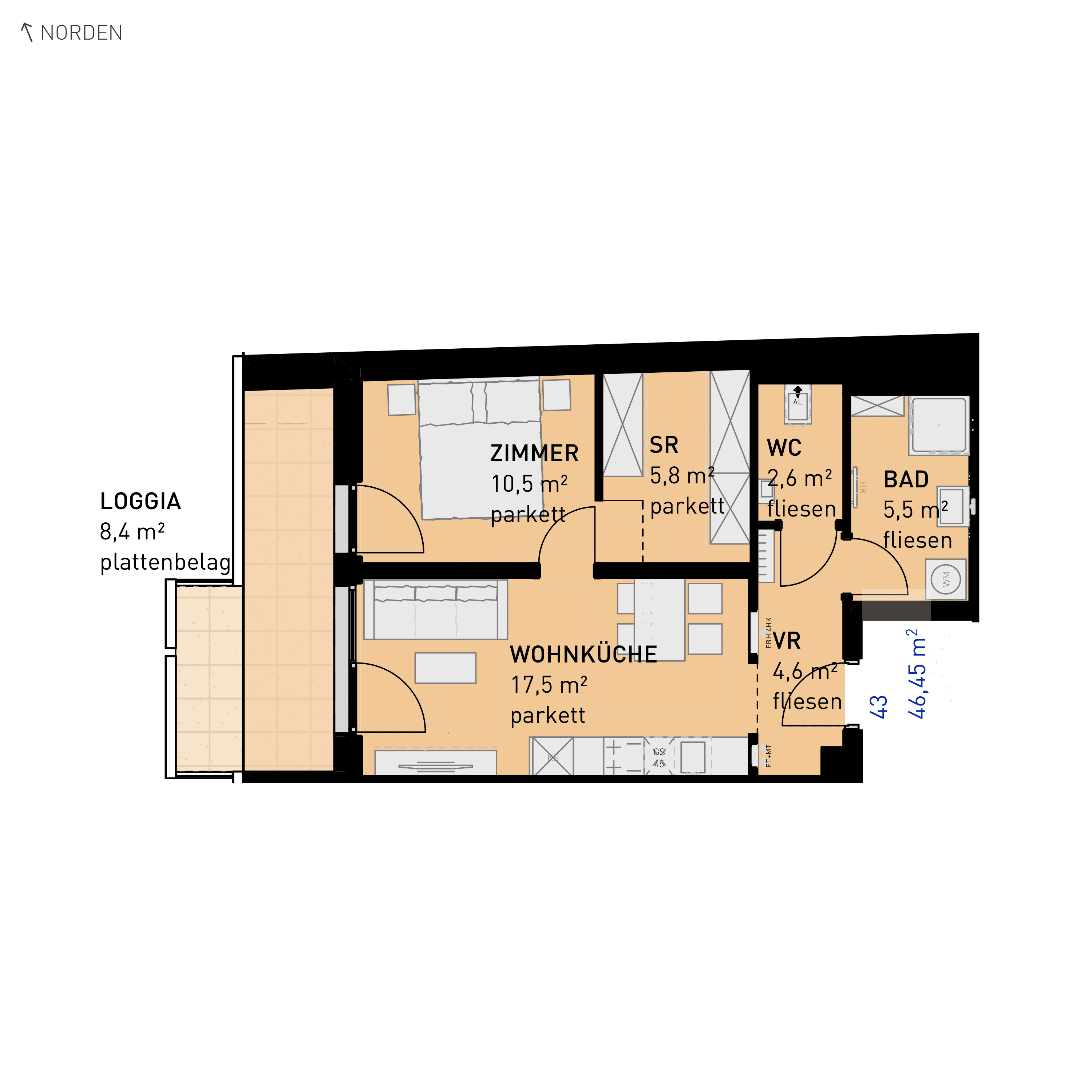 Grundriss Top 43 — Simmeringer Wohn(t)raum — 2 Zimmer — 46,5 m² — 2nd floor — N/W
