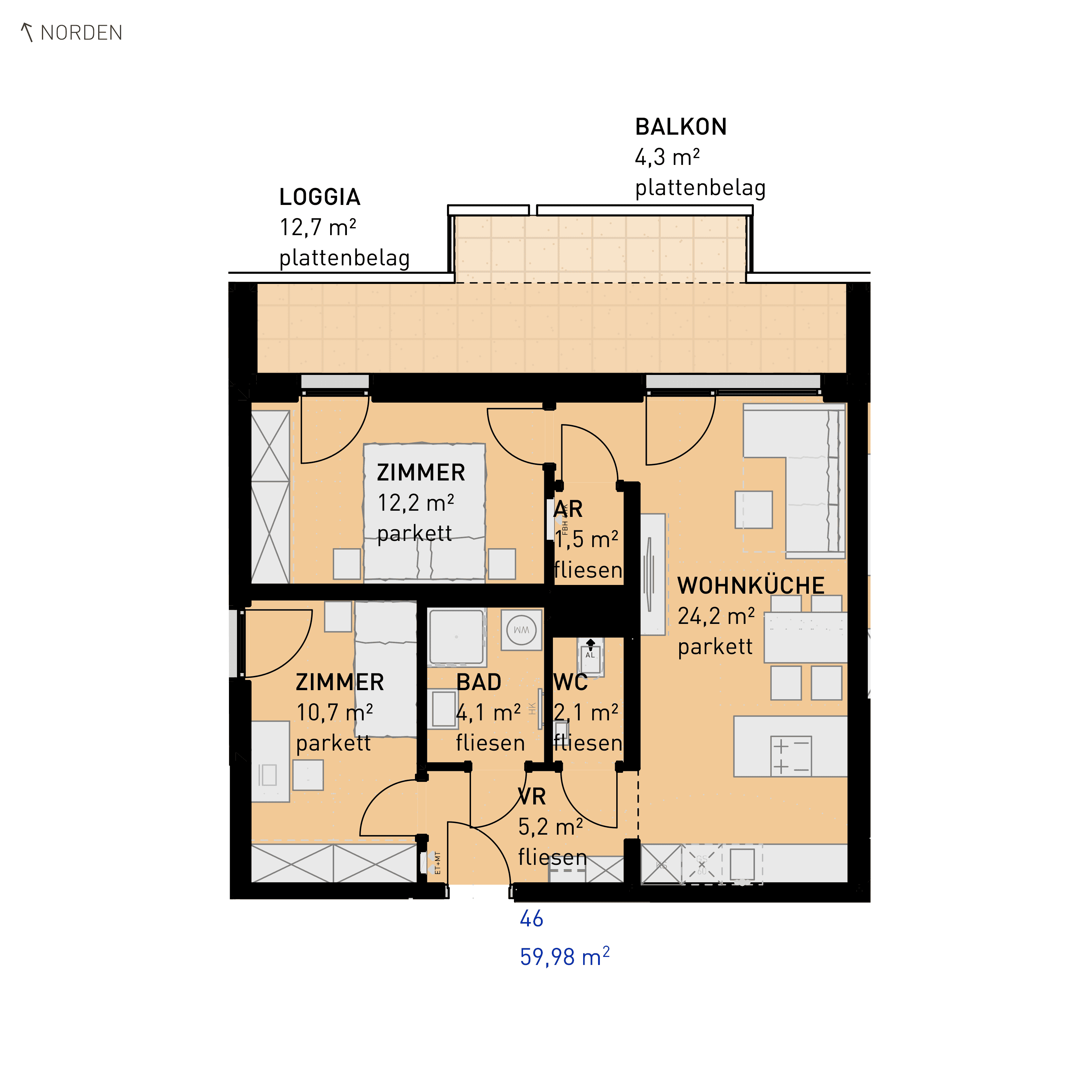 Grundriss Top 46 — Simmeringer Wohn(t)raum — 3 Zimmer — 60 m² — 2nd floor — N/O