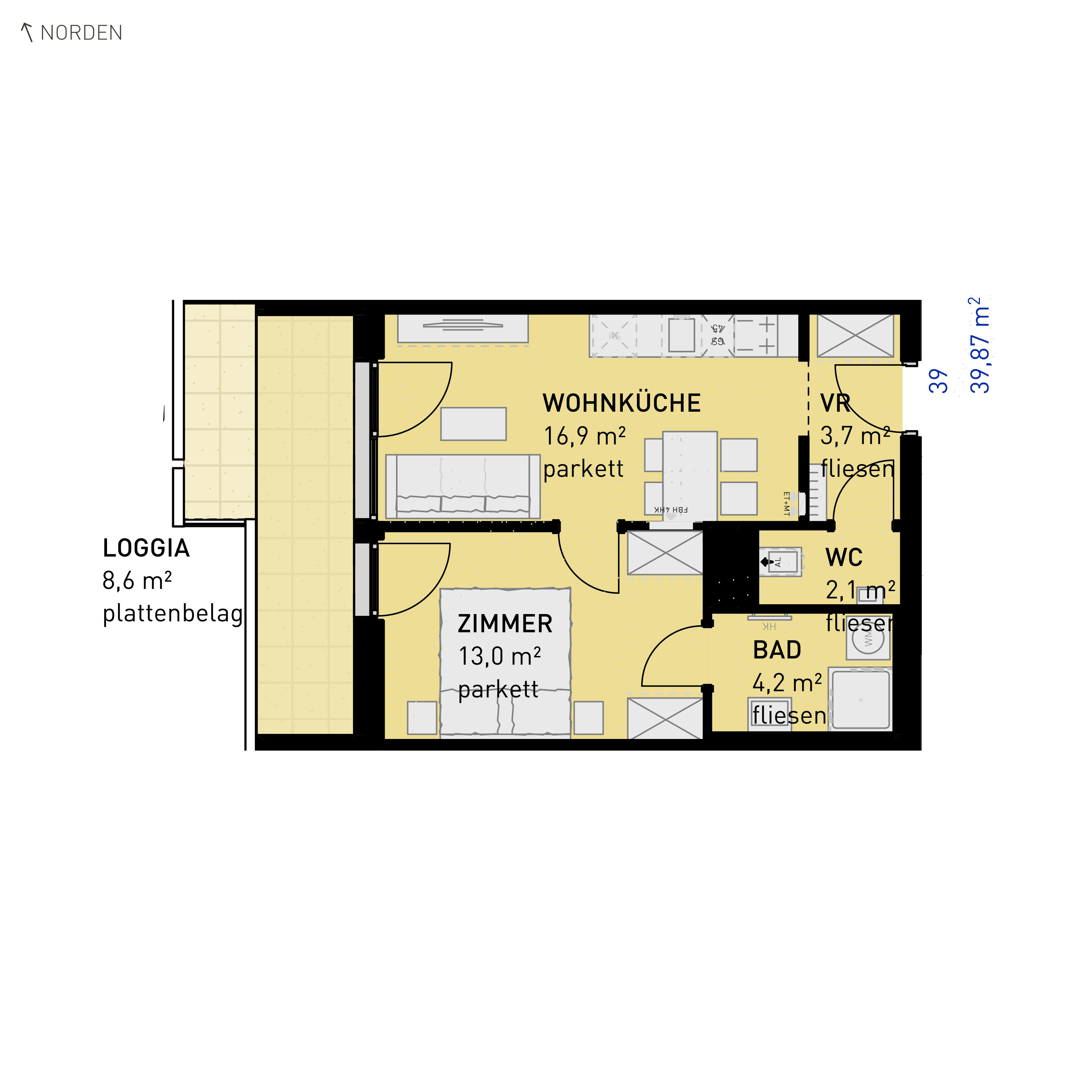Grundriss Top 39 — Simmeringer Wohn(t)raum — 2 Zimmer — 39,9 m² — 2nd floor — N/W