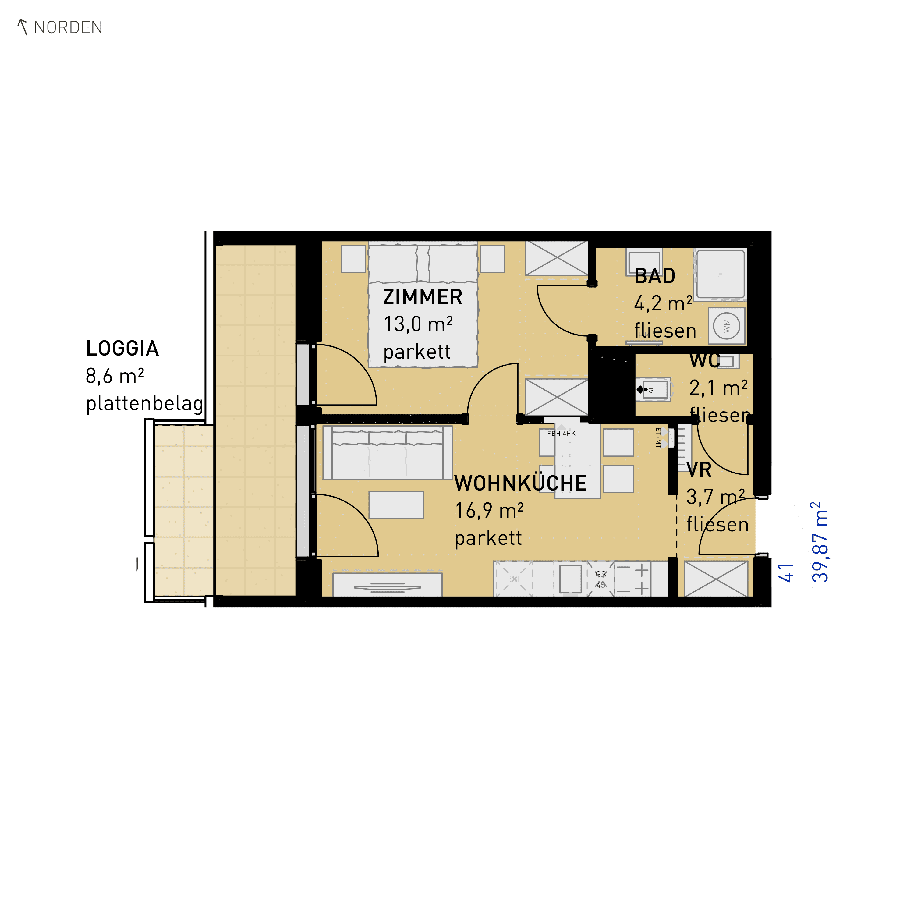Grundriss Top 41 — Simmeringer Wohn(t)raum — 2 Zimmer — 39,9 m² — 2nd floor — N/W
