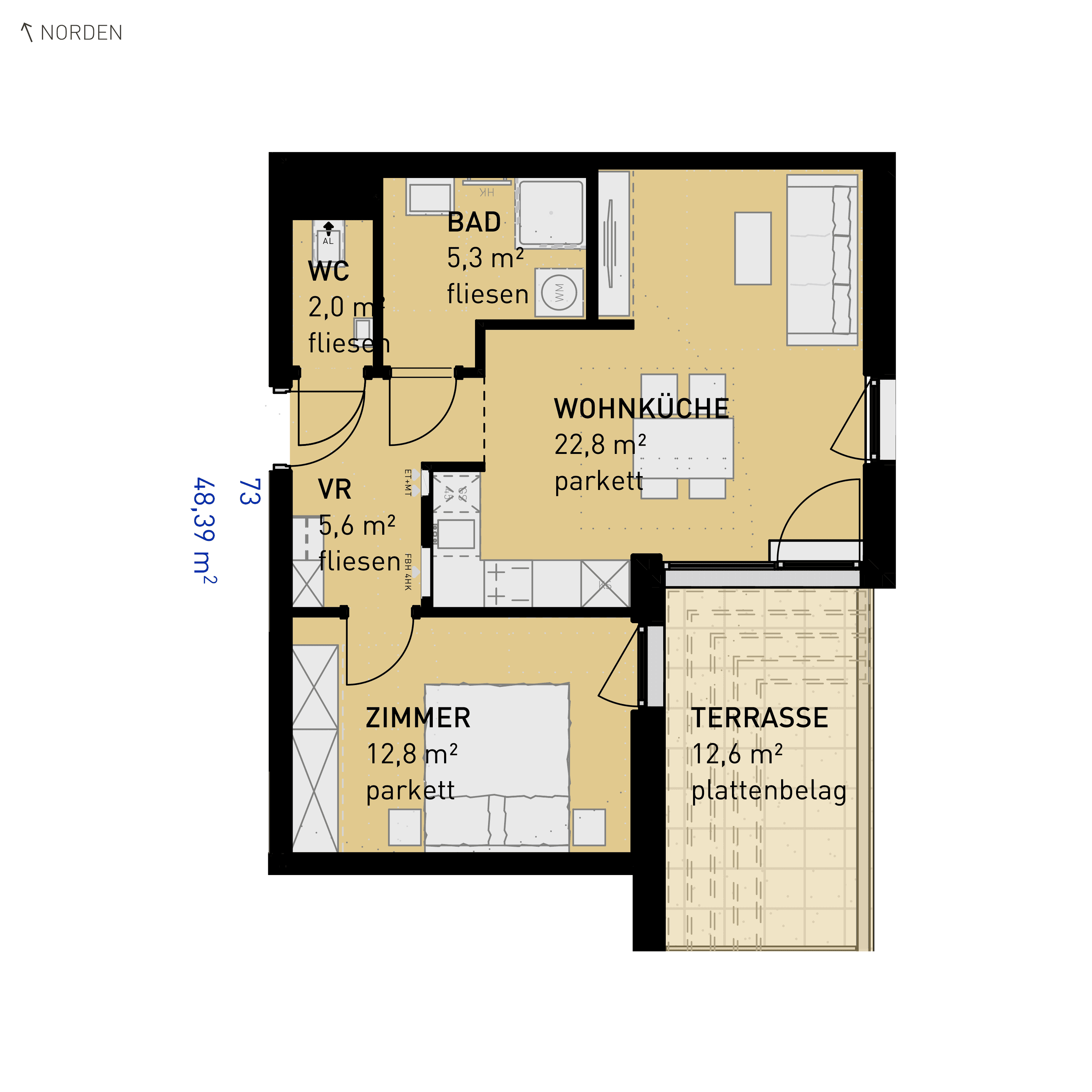 Grundriss Top 73 — Simmeringer Wohn(t)raum — 2 Zimmer — 48,4 m² — 4th floor — O/S