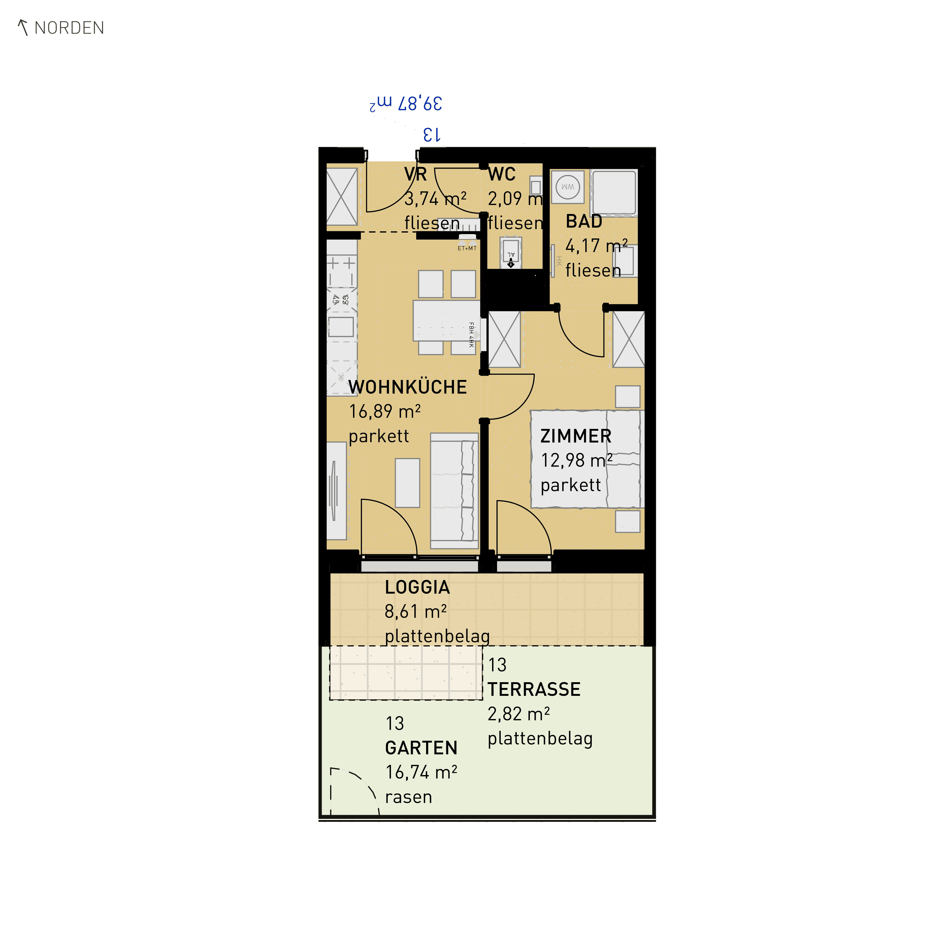 Grundriss Top 13 — Simmeringer Wohn(t)raum — 2 Zimmer — 39,9 m² — Ground floor — S/W