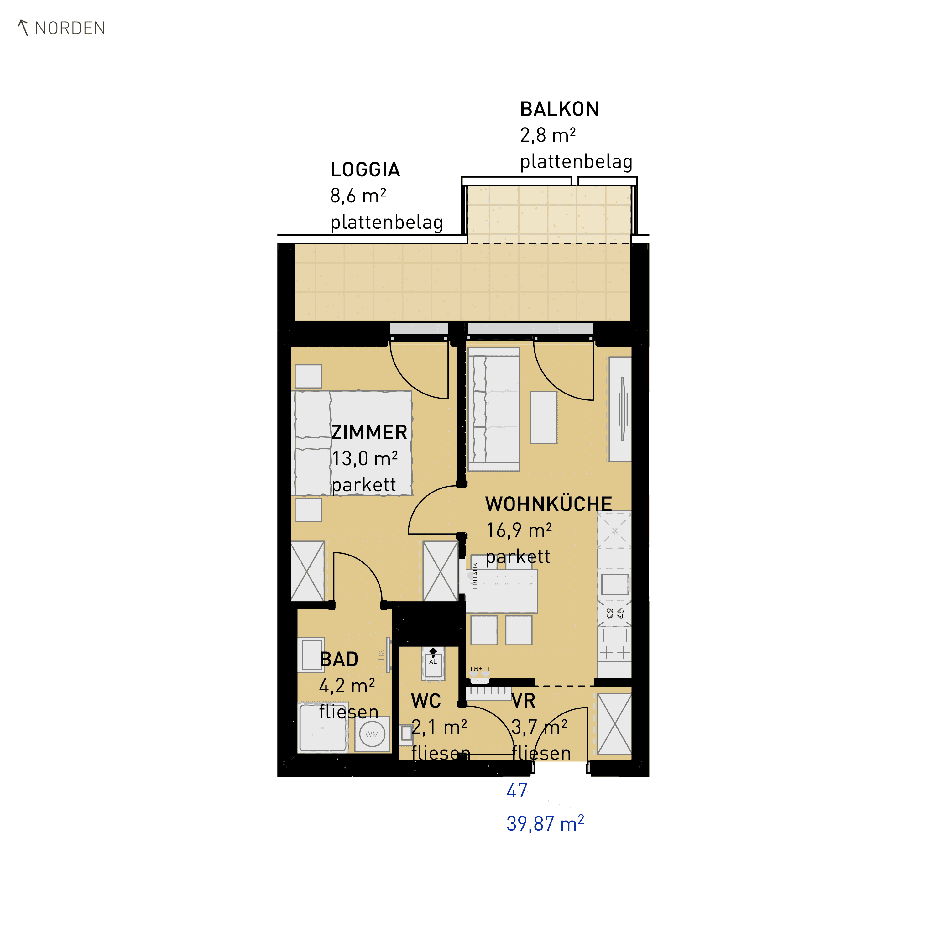 Grundriss Top 47 — Simmeringer Wohn(t)raum — 2 Zimmer — 39,9 m² — 2nd floor — N/O