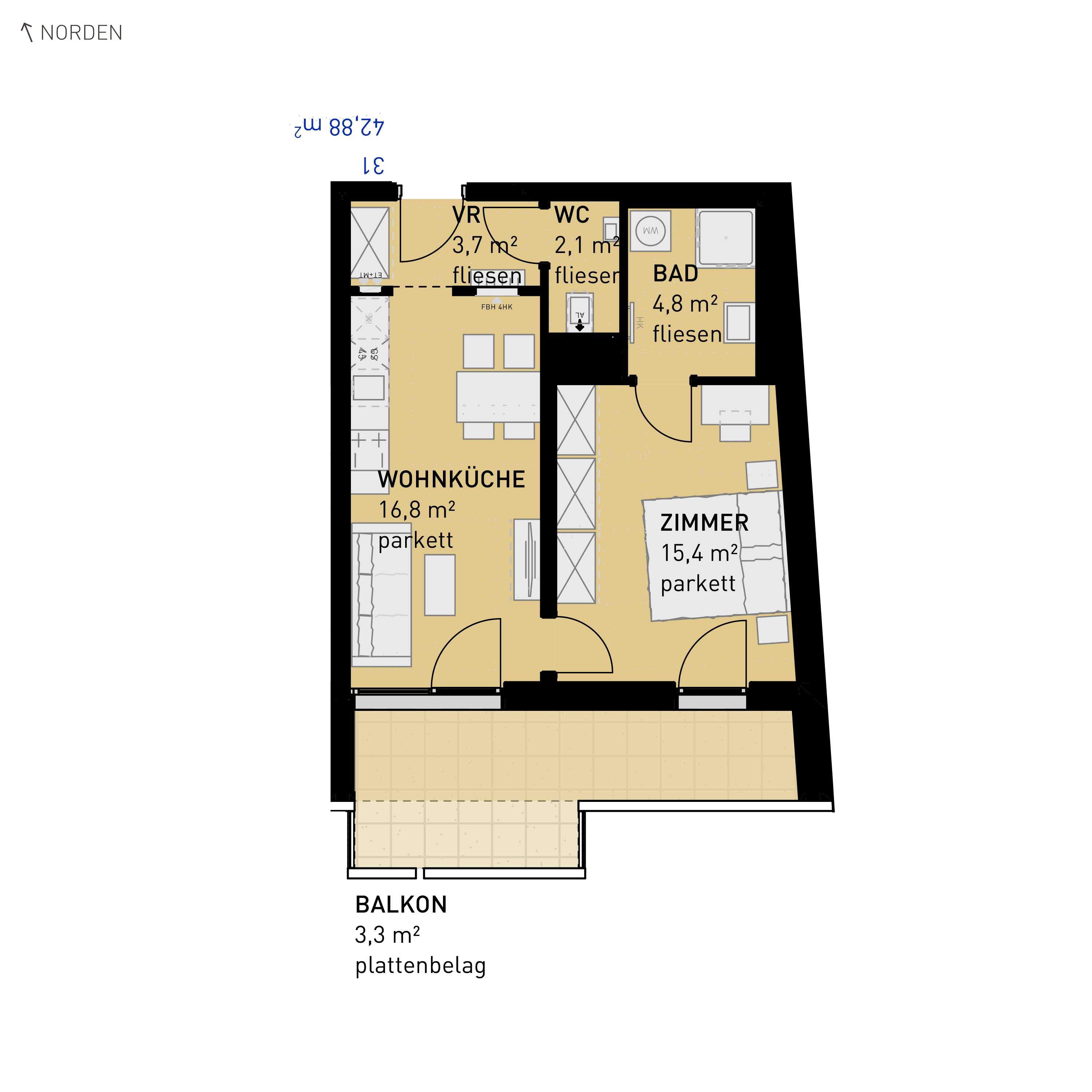 Grundriss Top 31 — Simmeringer Wohn(t)raum — 2 Zimmer — 42,9 m² — 1st floor — N/O