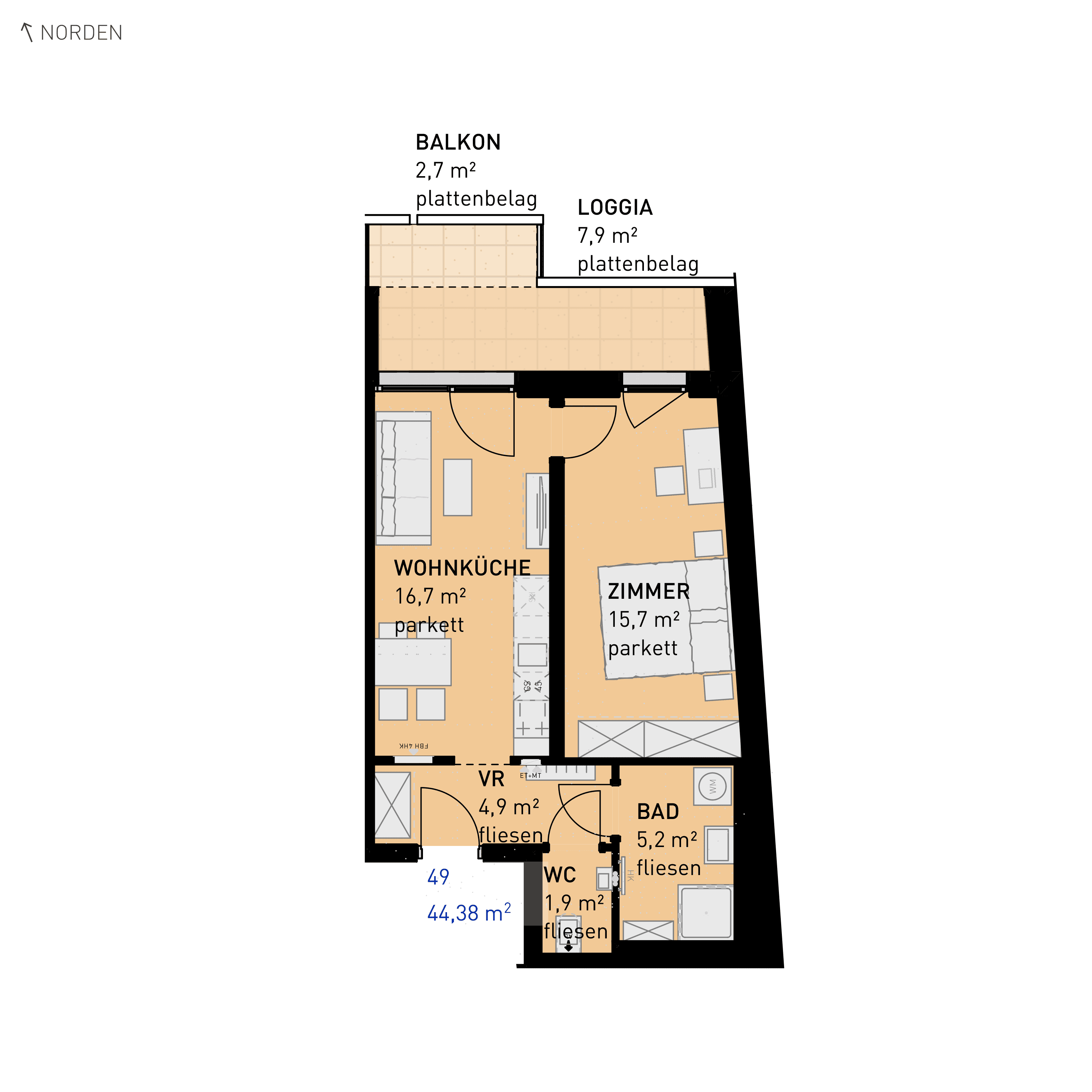 Grundriss Top 49 — Simmeringer Wohn(t)raum — 2 Zimmer — 44,4 m² — 2nd floor — N/O