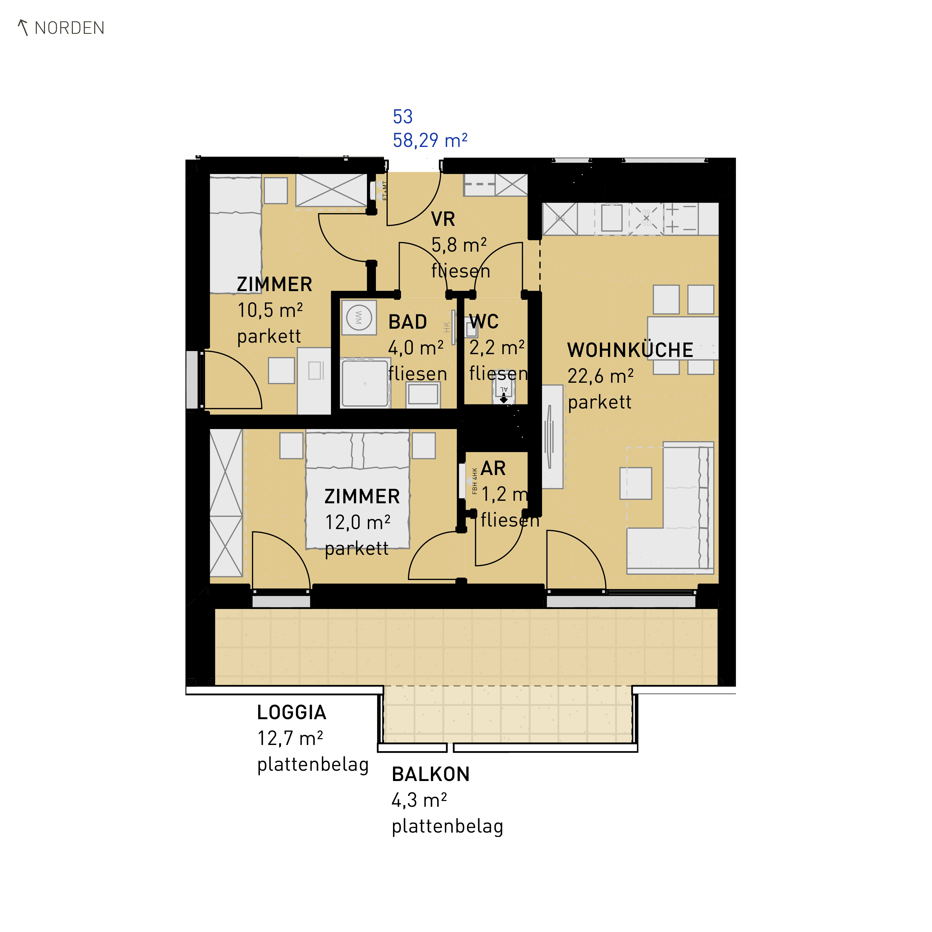 Grundriss Top 53 — Simmeringer Wohn(t)raum — 3 Zimmer — 58,3 m² — 2nd floor — S/W