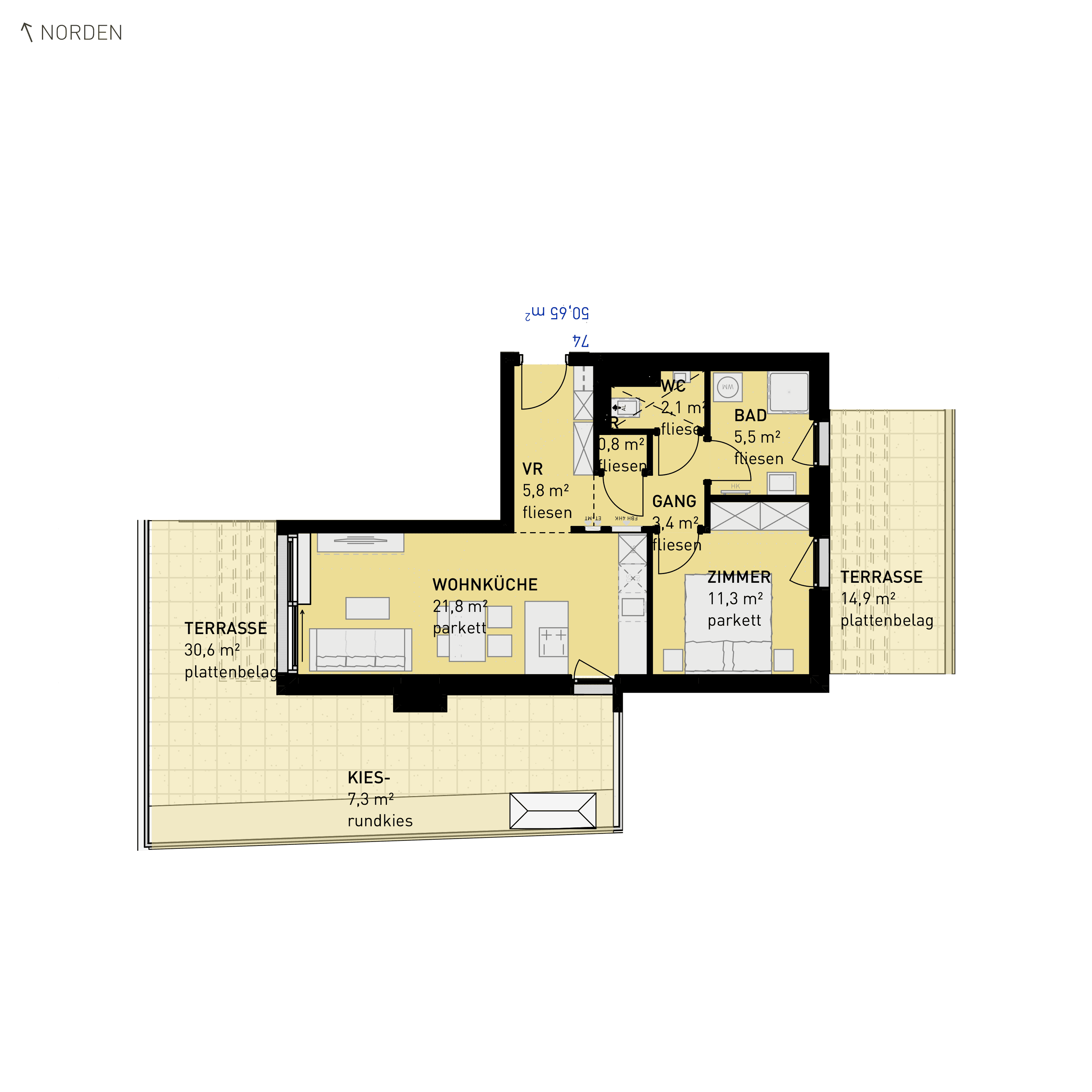 Grundriss Top 74 — Simmeringer Wohn(t)raum — 2 Zimmer — 50,7 m² — 4th floor — N/W