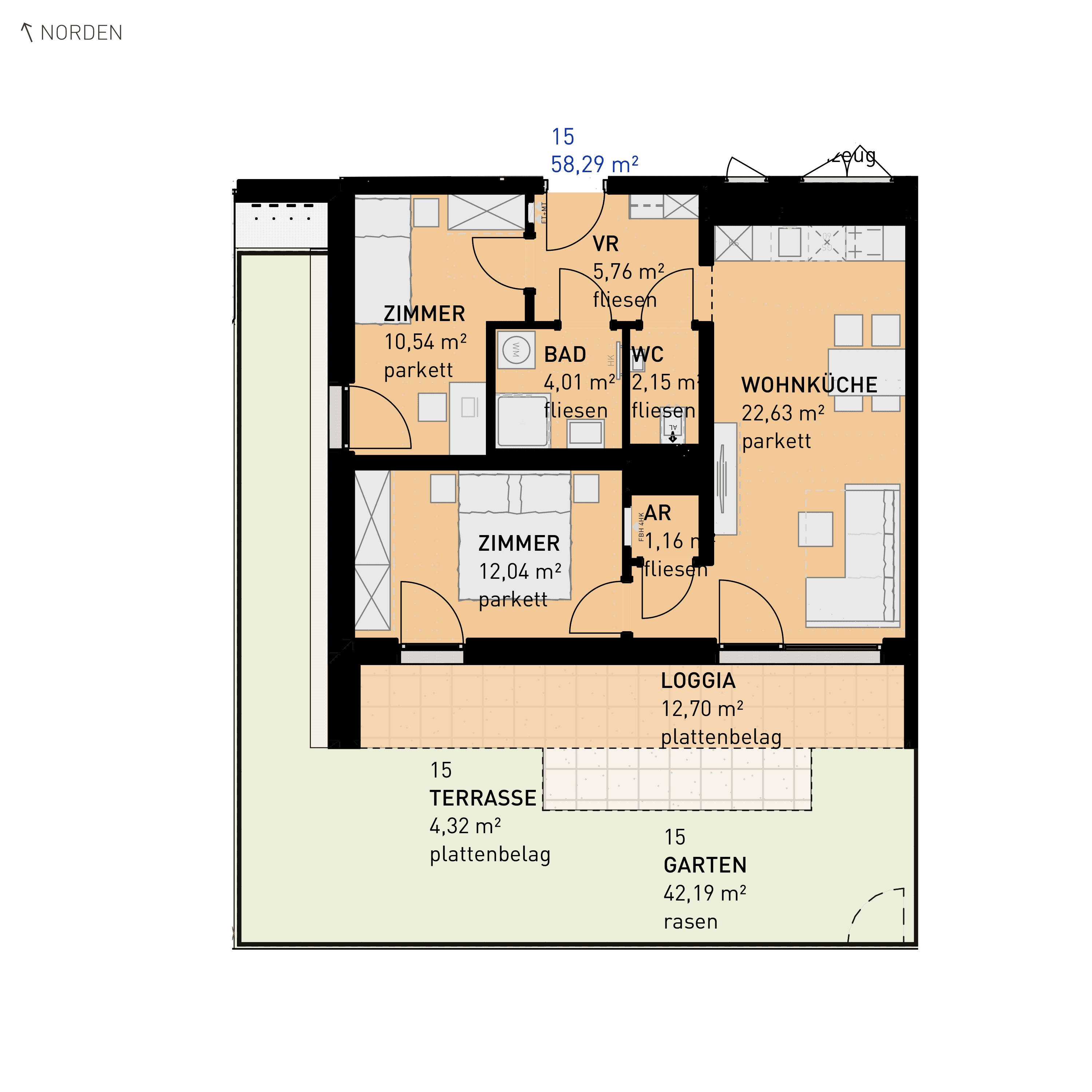 Grundriss Top 15 — Simmeringer Wohn(t)raum — 3 Zimmer — 58,3 m² — Ground floor — S/W