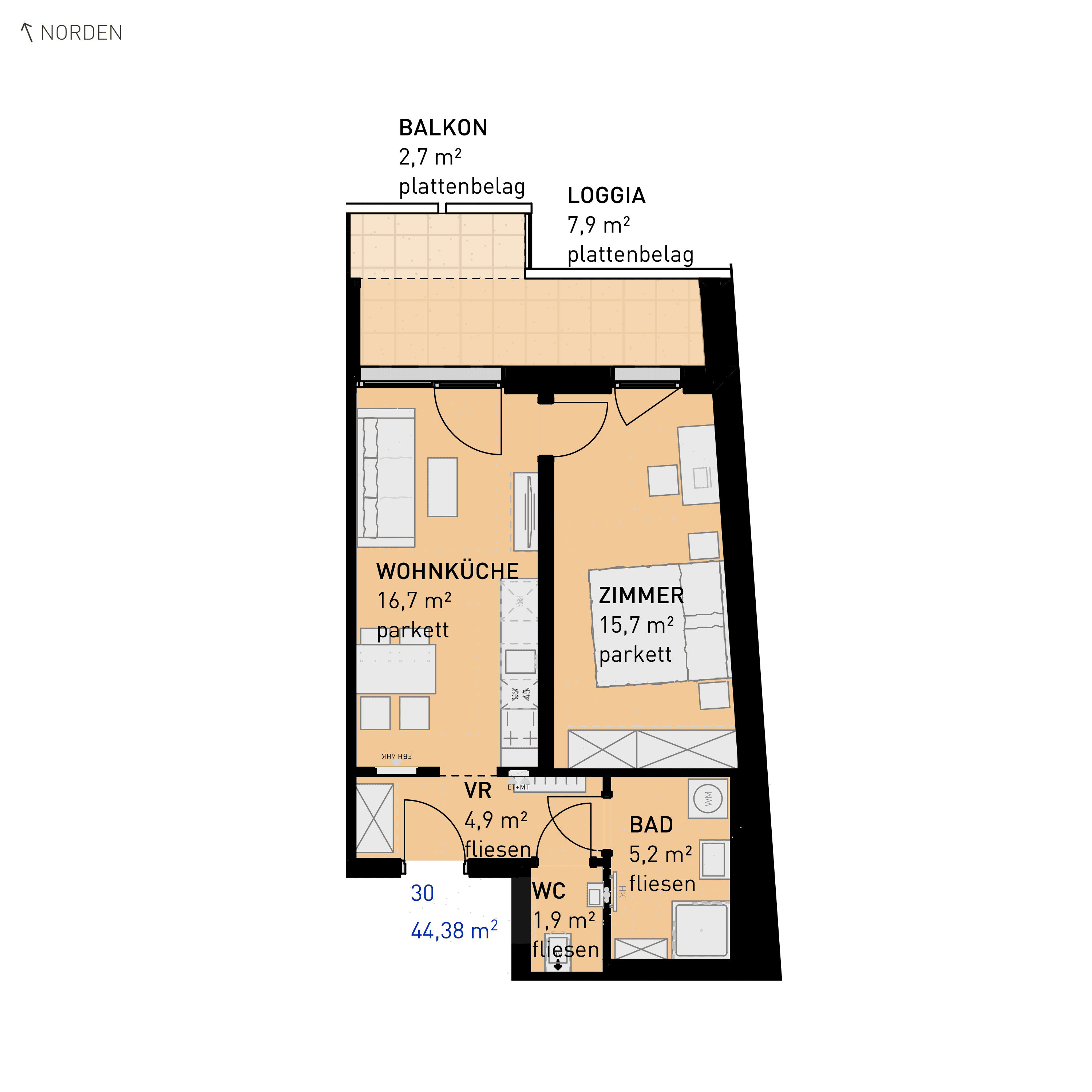 Grundriss Top 30 — Simmeringer Wohn(t)raum — 2 Zimmer — 44,4 m² — 1st floor — N/O