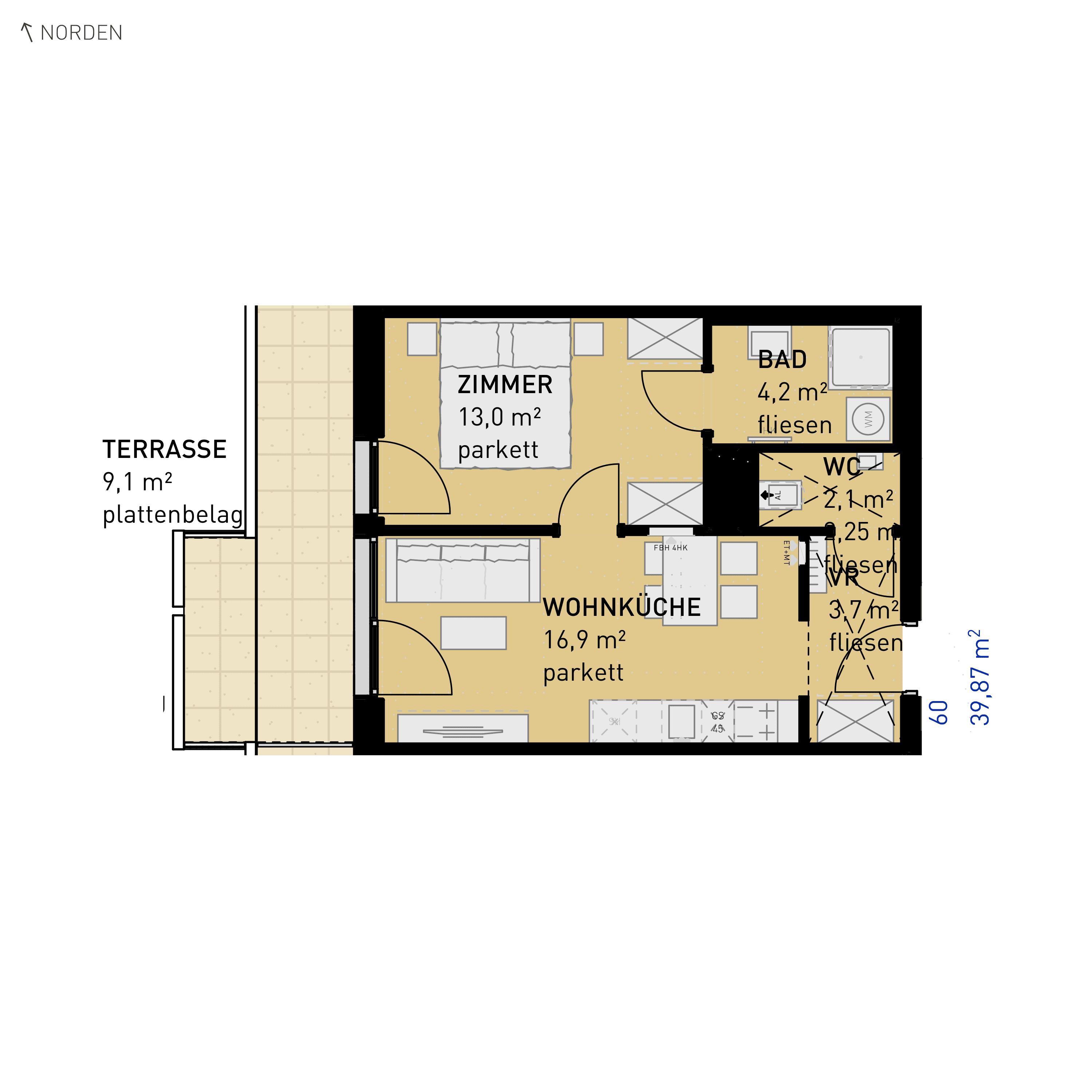 Grundriss Top 60 — Simmeringer Wohn(t)raum — 2 Zimmer — 39,9 m² — 3rd floor — N/W