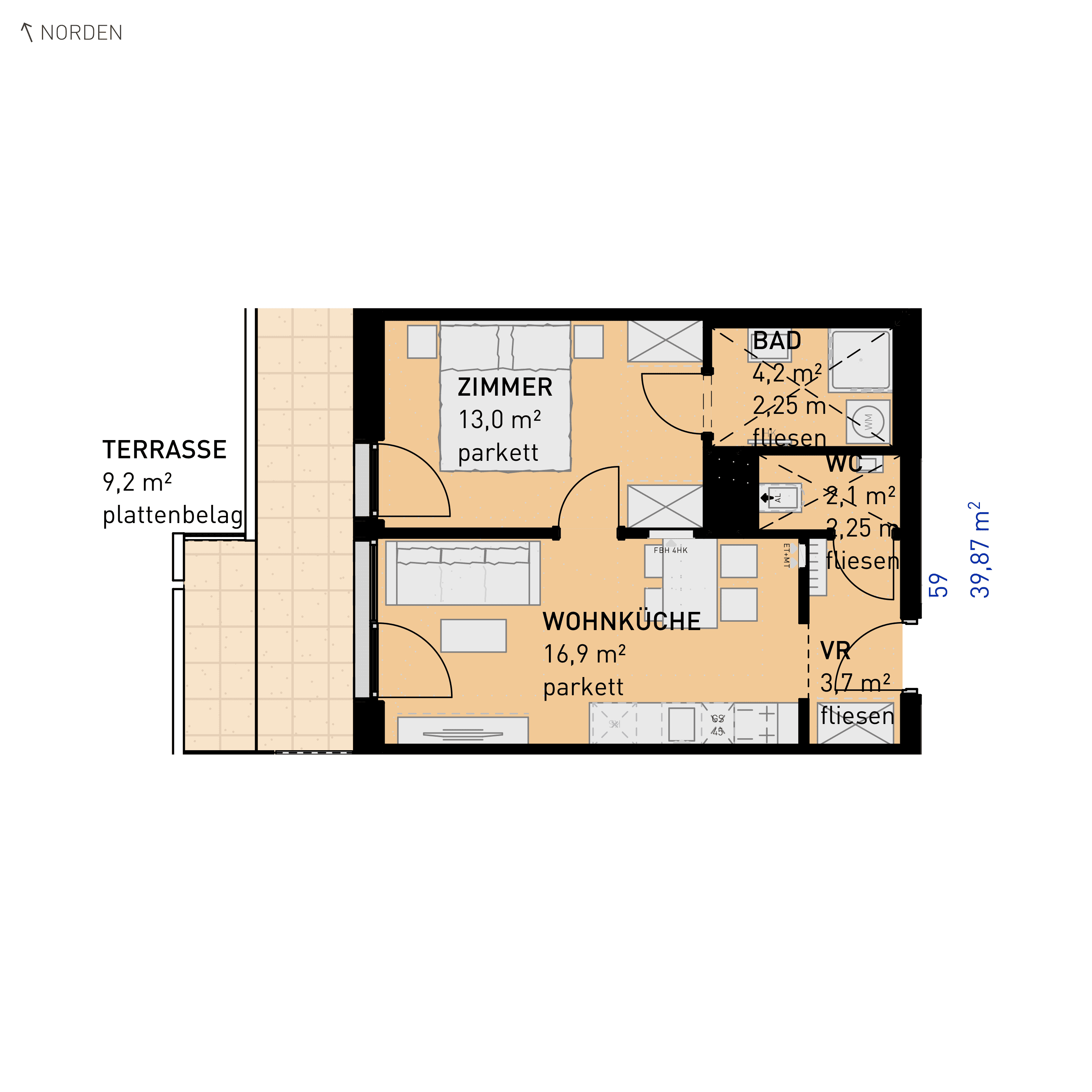 Grundriss Top 59 — Simmeringer Wohn(t)raum — 2 Zimmer — 39,9 m² — 3rd floor — N/W