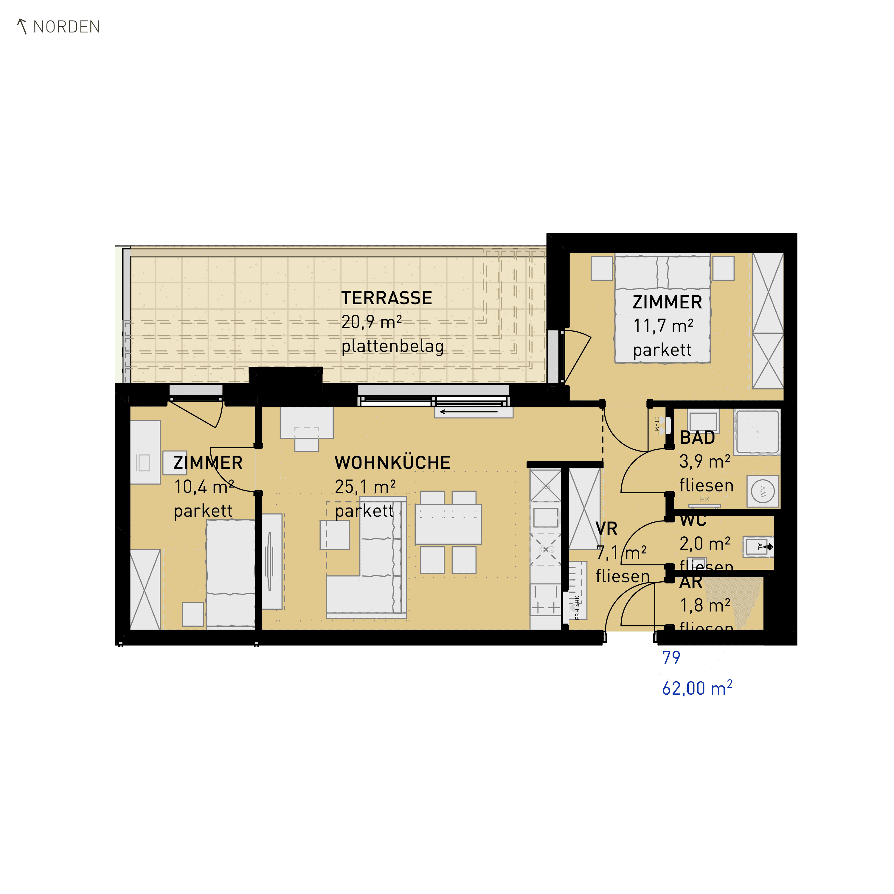 Grundriss Top 79 — Simmeringer Wohn(t)raum — 3 Zimmer — 62 m² — 4th floor — N/O