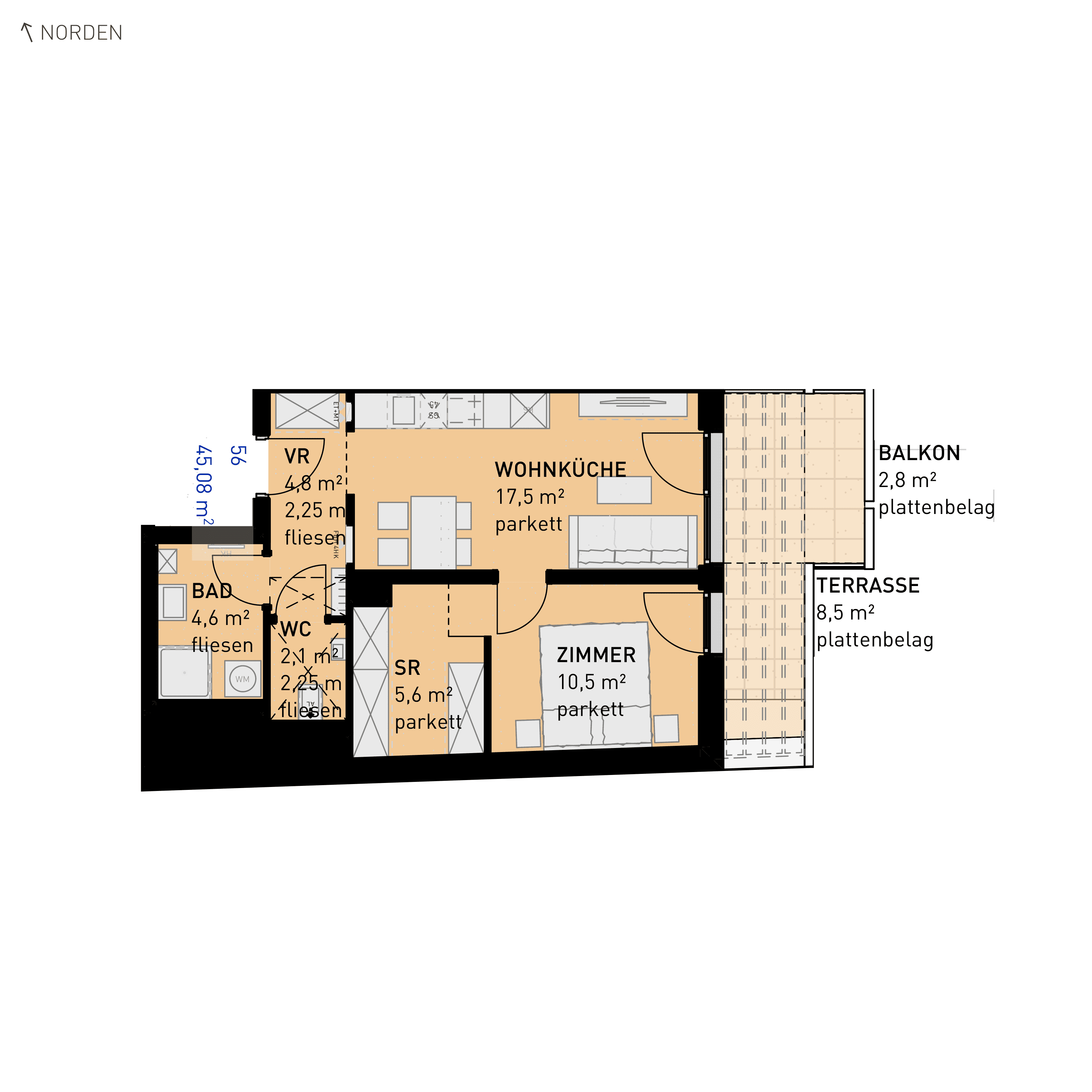 Grundriss Top 56 — Simmeringer Wohn(t)raum — 2 Zimmer — 45,1 m² — 3rd floor — O/S