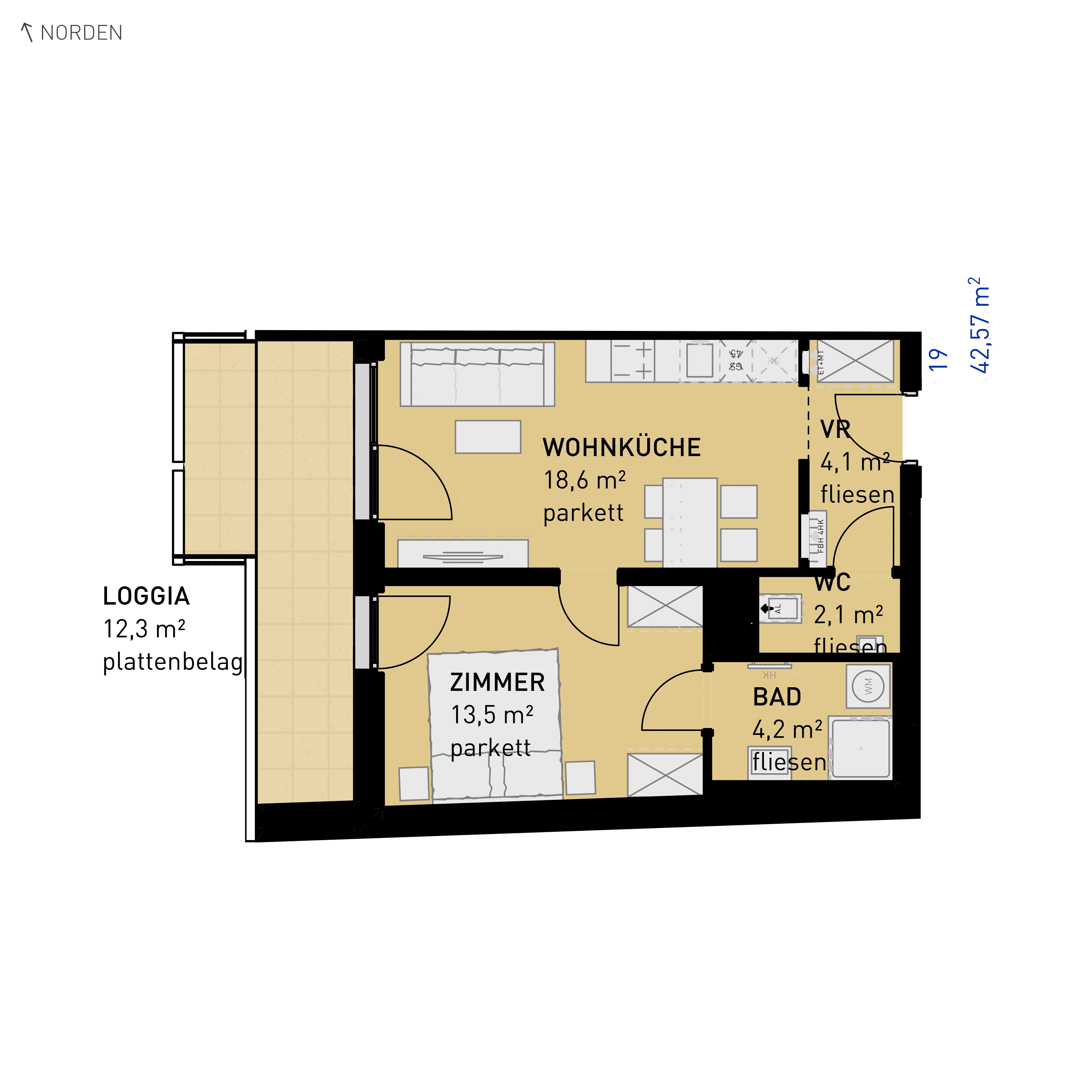 Grundriss Top 19 — Simmeringer Wohn(t)raum — 2 Zimmer — 42,6 m² — 1st floor — N/W
