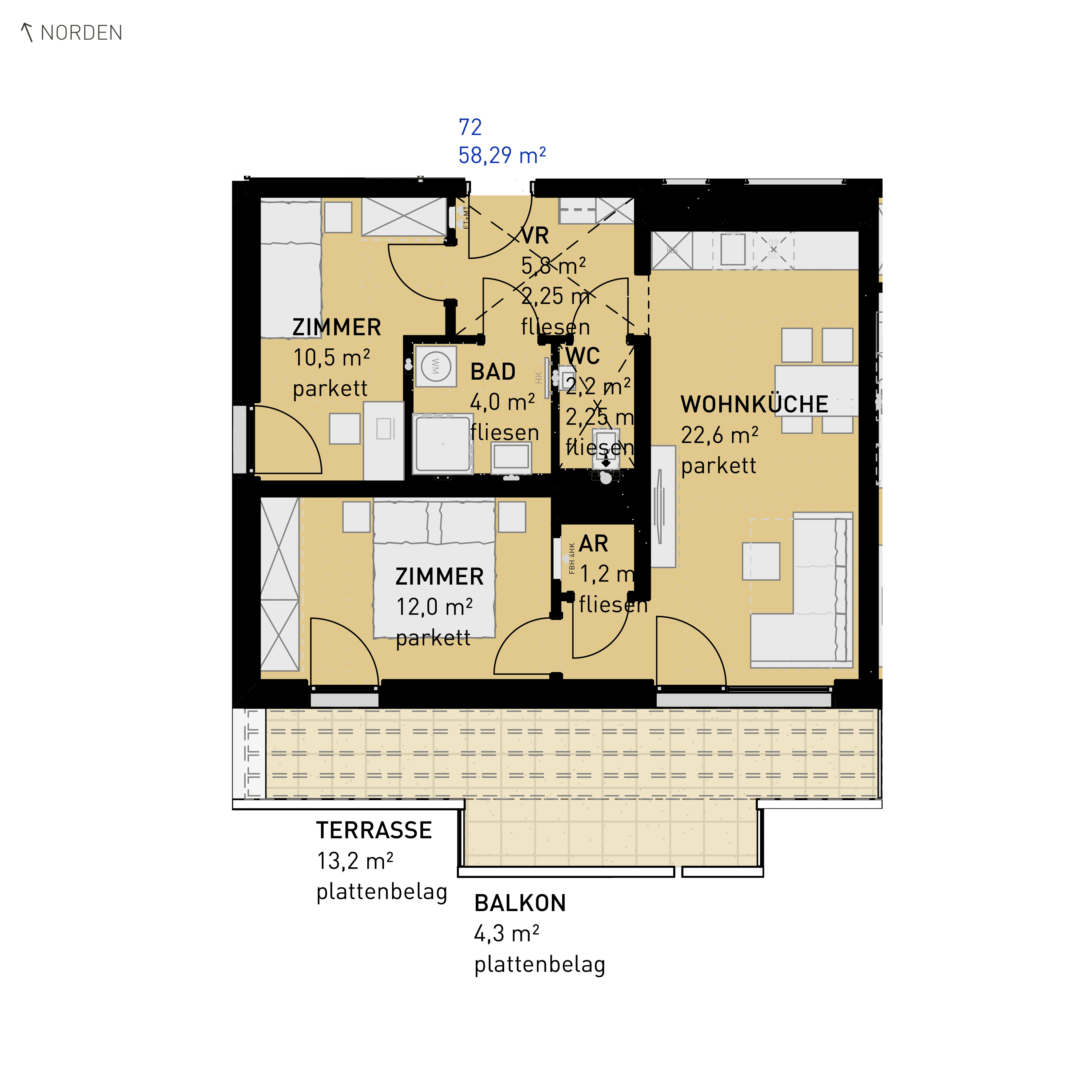 Grundriss Top 72 — Simmeringer Wohn(t)raum — 3 Zimmer — 58,3 m² — 3rd floor — S/W