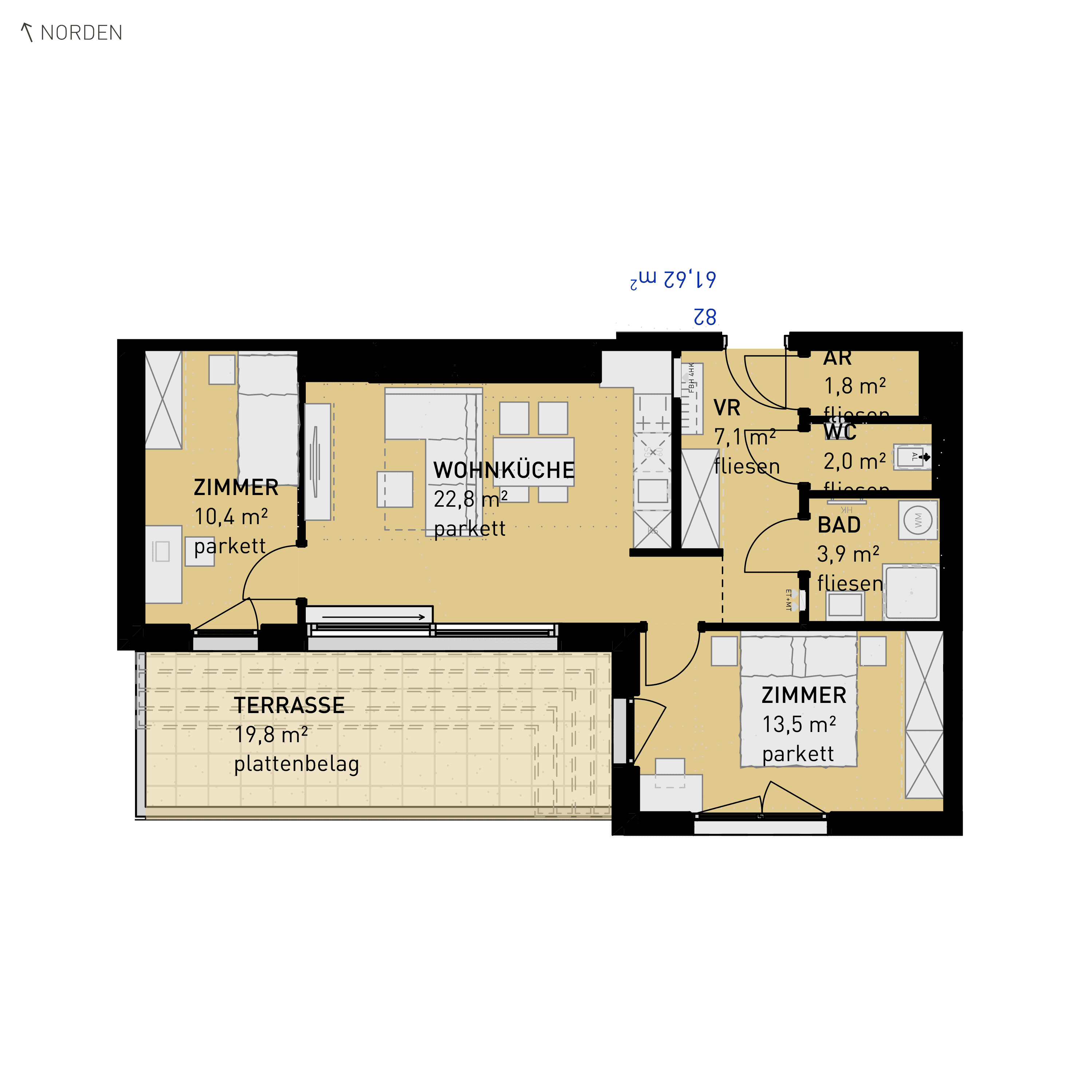 Grundriss Top 82 — Simmeringer Wohn(t)raum — 3 Zimmer — 61,6 m² — 4th floor — S/W