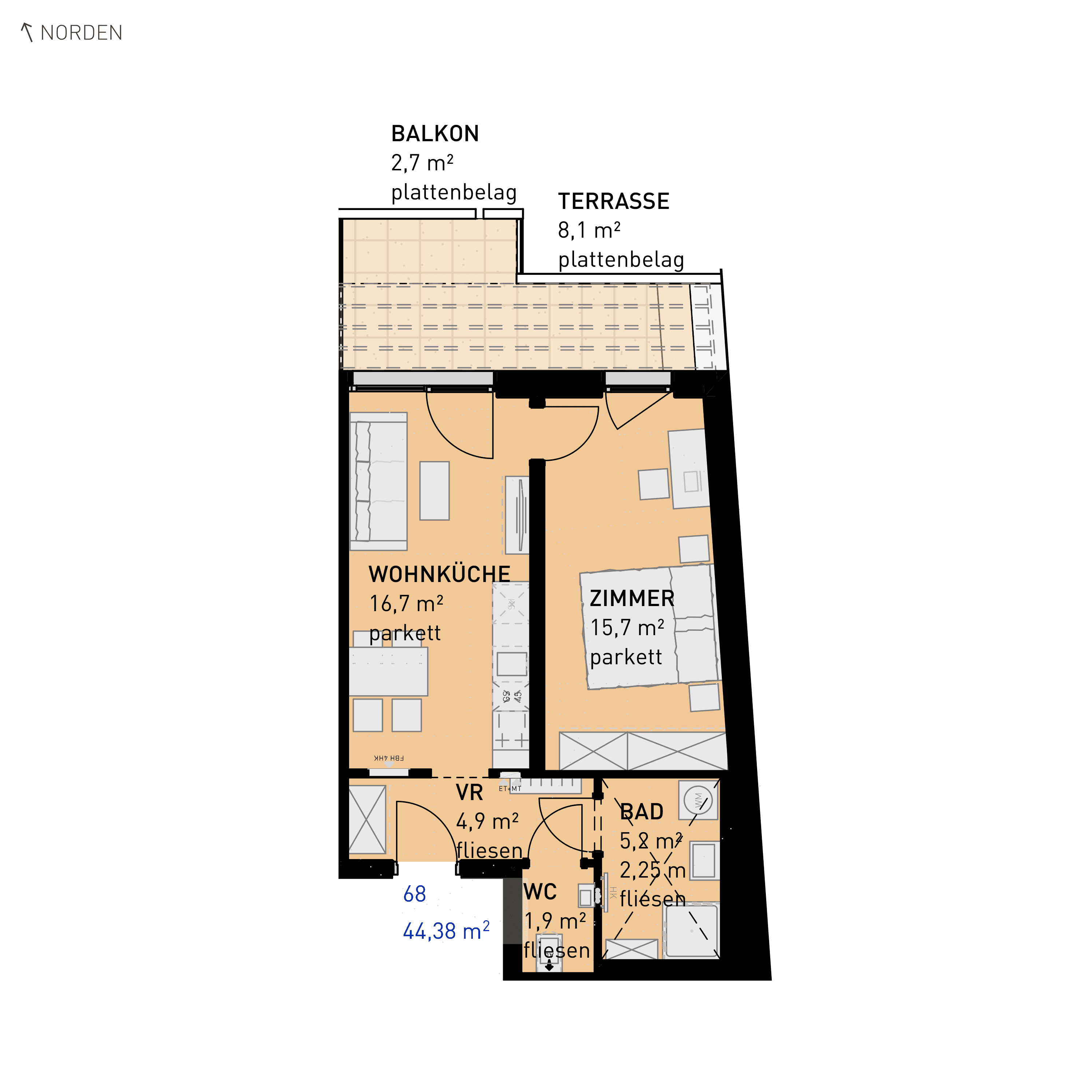 Grundriss Top 68 — Simmeringer Wohn(t)raum — 2 Zimmer — 44,4 m² — 3rd floor — N/O