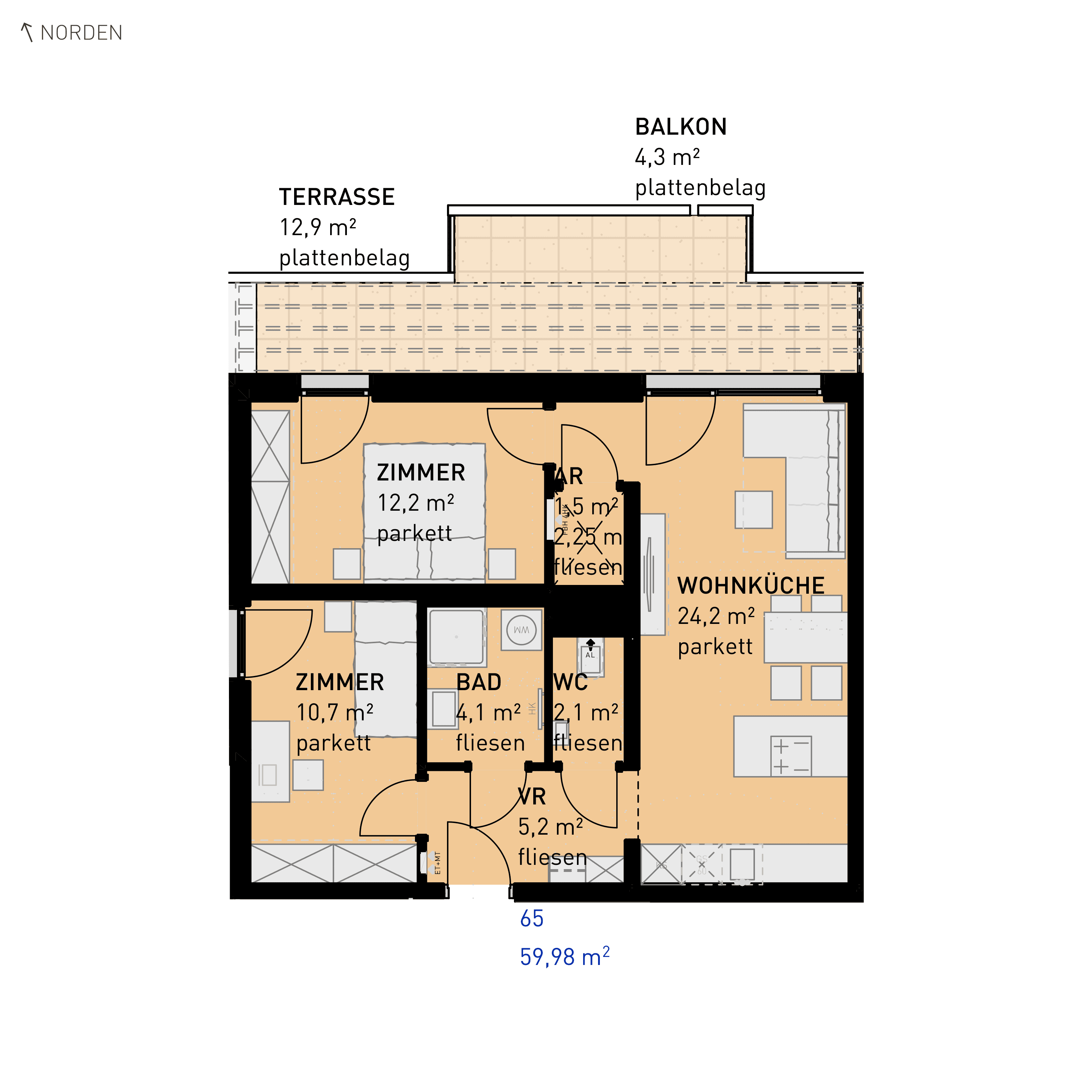 Grundriss Top 65 — Simmeringer Wohn(t)raum — 3 Zimmer — 60 m² — 3rd floor — N/O